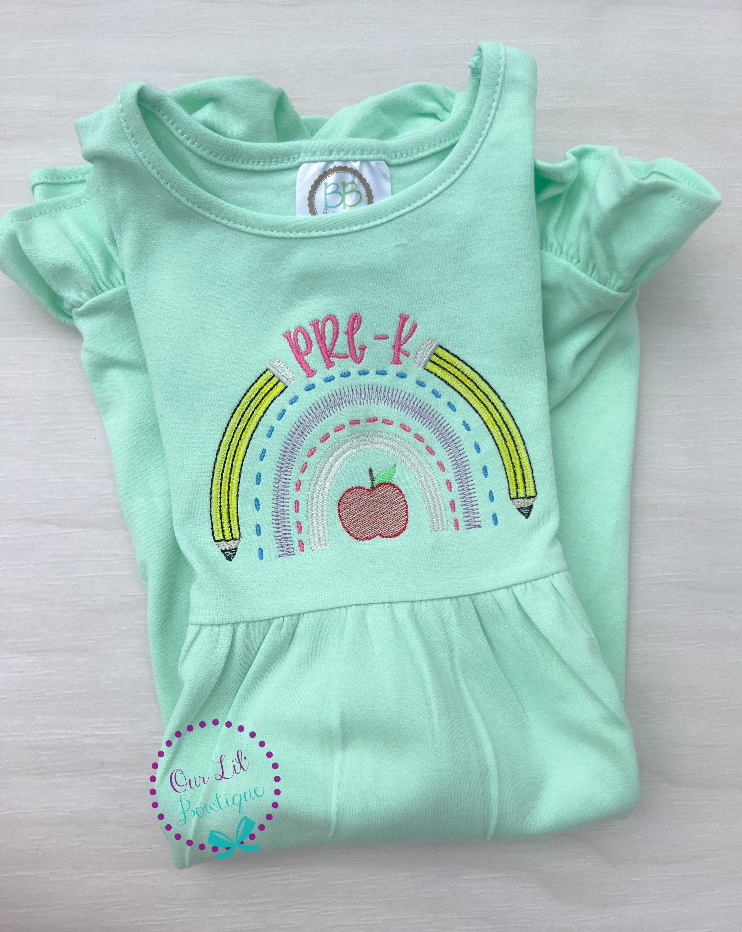 Rainbow School Shirt: Embroidered Apple & Pencils, Back to School