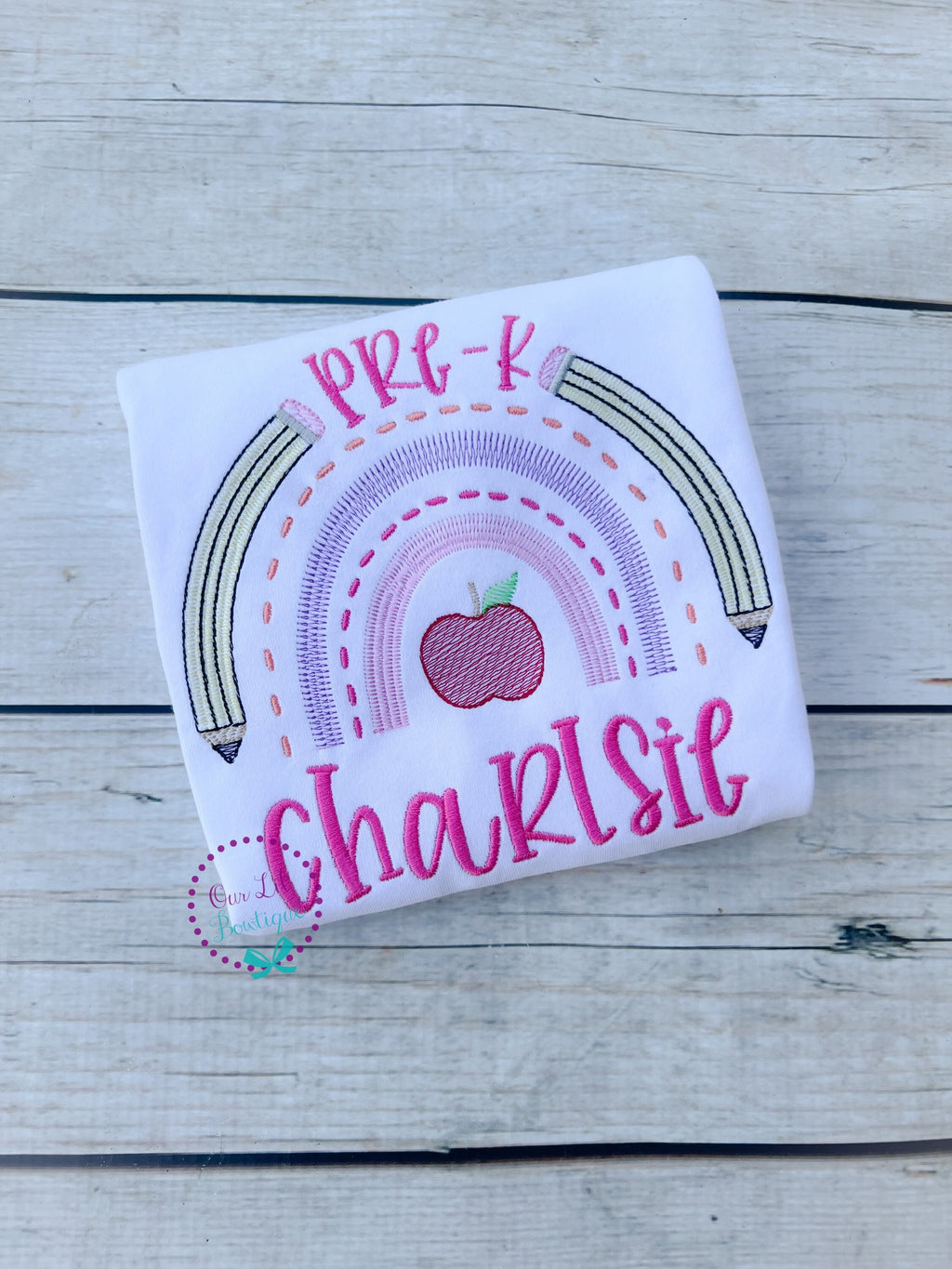 Rainbow School Shirt: Embroidered Apple & Pencils, Back to School