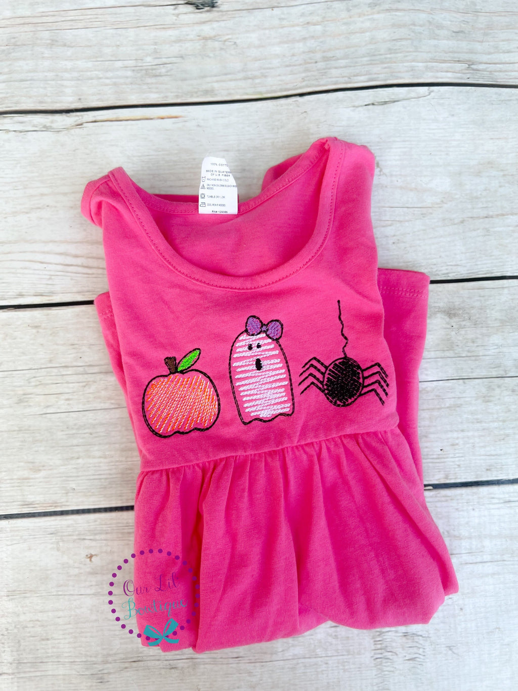 Girls Halloween Dress: Embroidered Pumpkin, Ghost, Spider Trio