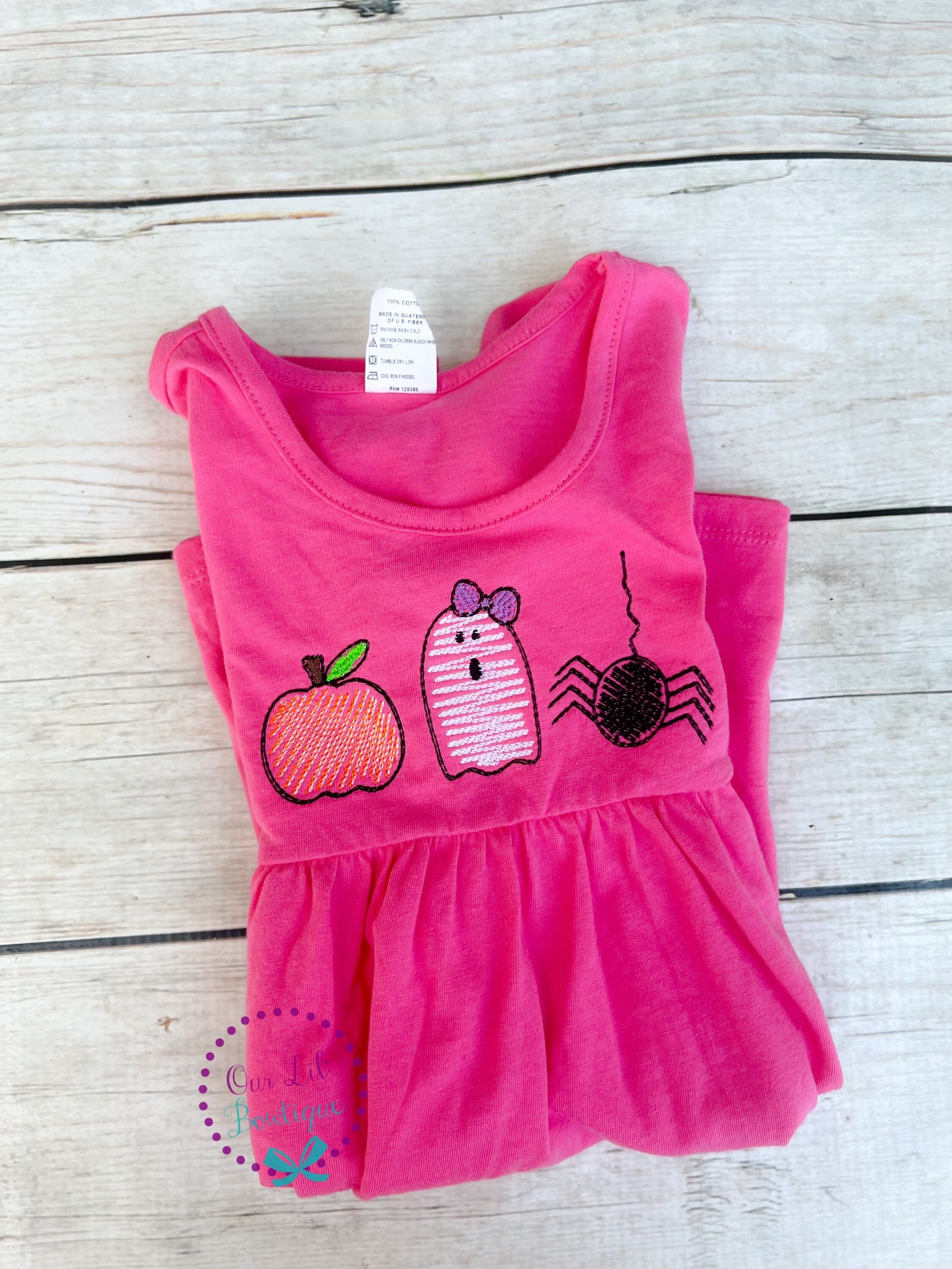 Girls Halloween Dress: Embroidered Pumpkin, Ghost, Spider Trio