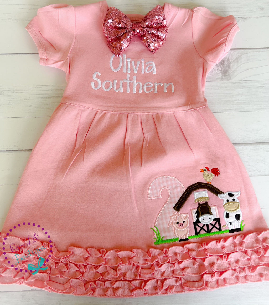 Farm Birthday Dress- Personalized Cow T- Shirt - Pink Farm Shirt - Barn Birthday Shirt - Tractor Birthday Shirt - Cow Shirt Pig Shirt -