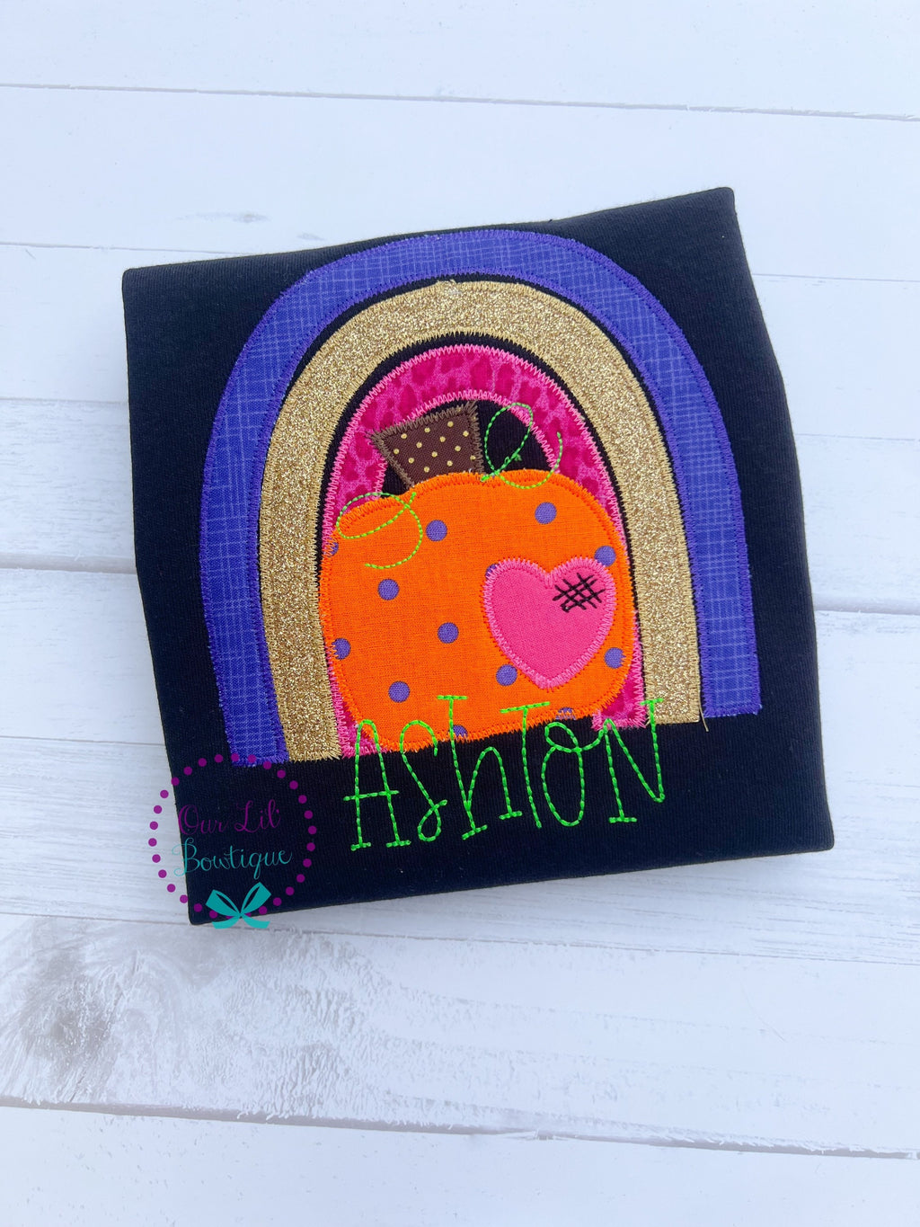 Girls Halloween Shirt: Pumpkin Rainbow Applique, Personalized
