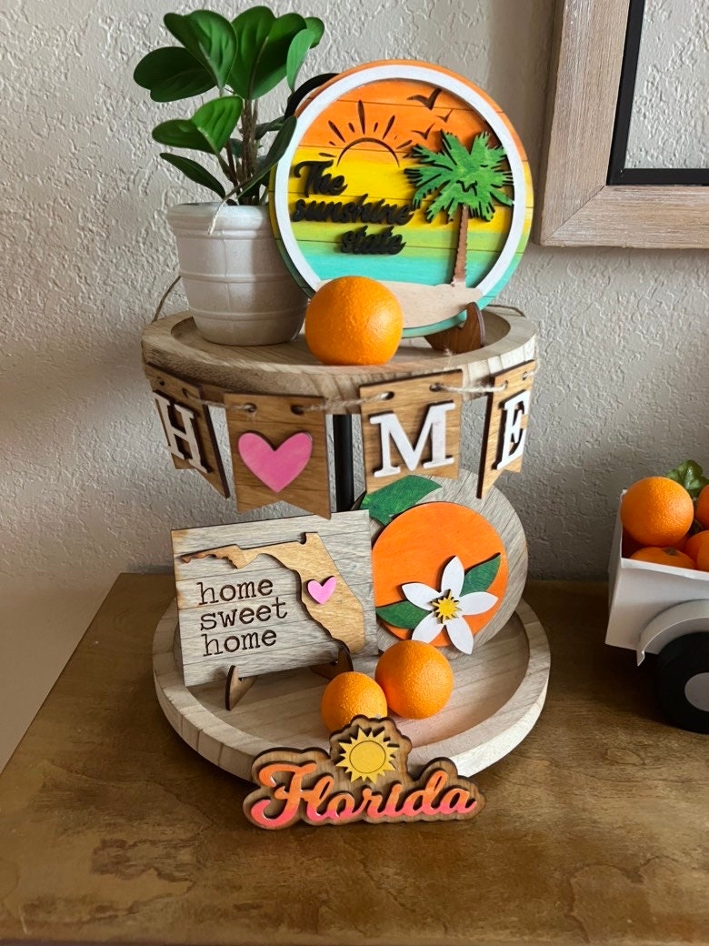 Florida - Orange Tiered Tray Bundle - Orange Decor - Florida Tier Tray Decor - Finished Tiered Tray Set - Home Decor - Summer Tier Trays