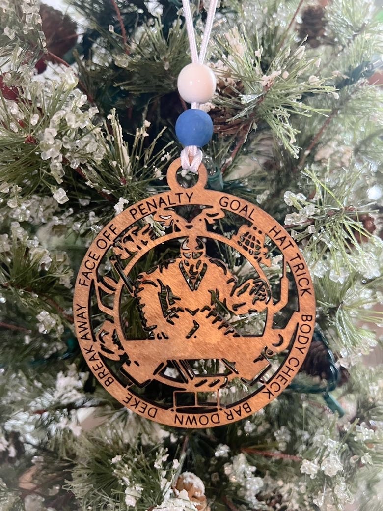 Hockey Ornament - Wooden Hanging Christmas Tree Ornament- Hockey Lover- Hockey Gift-Personalized Hockey Ornament - Hockey Team Gift