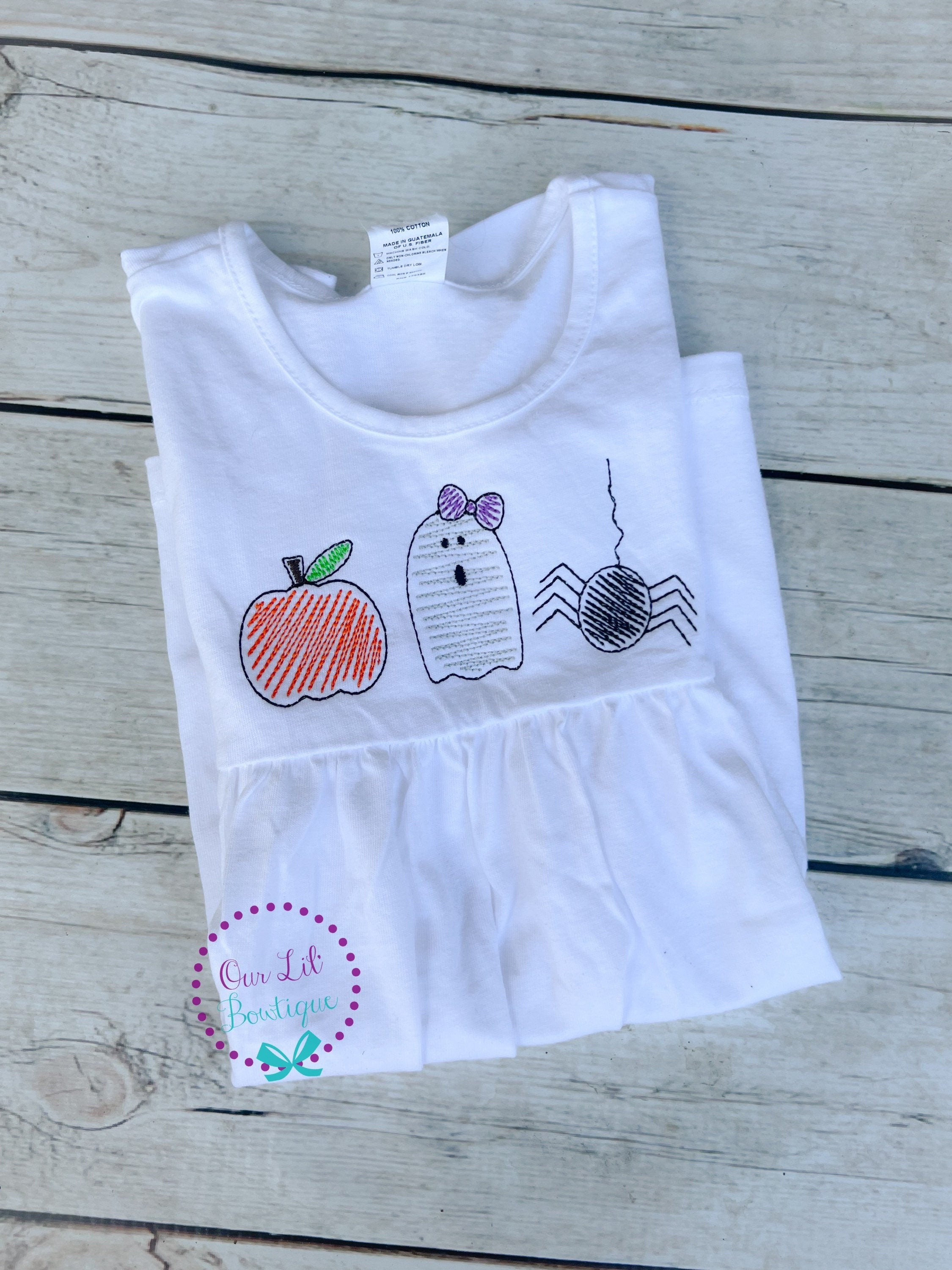 Girls Halloween Dress: Embroidered Pumpkin, Ghost, Spider Trio