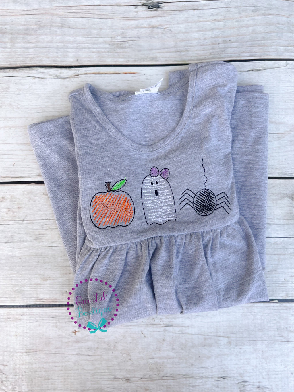 Girls Halloween Dress: Embroidered Pumpkin, Ghost, Spider Trio