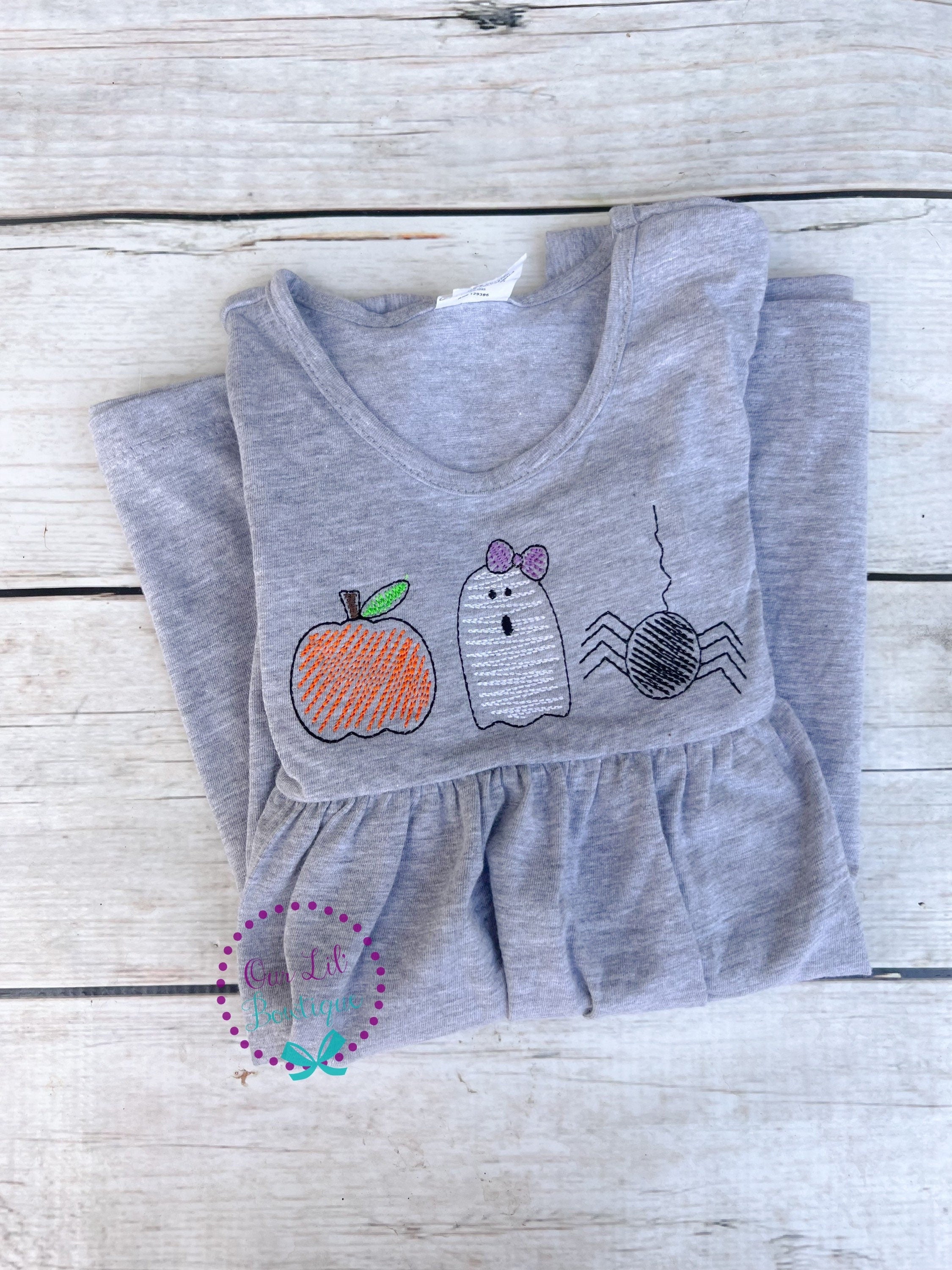 Girls Halloween Dress: Embroidered Pumpkin, Ghost, Spider Trio