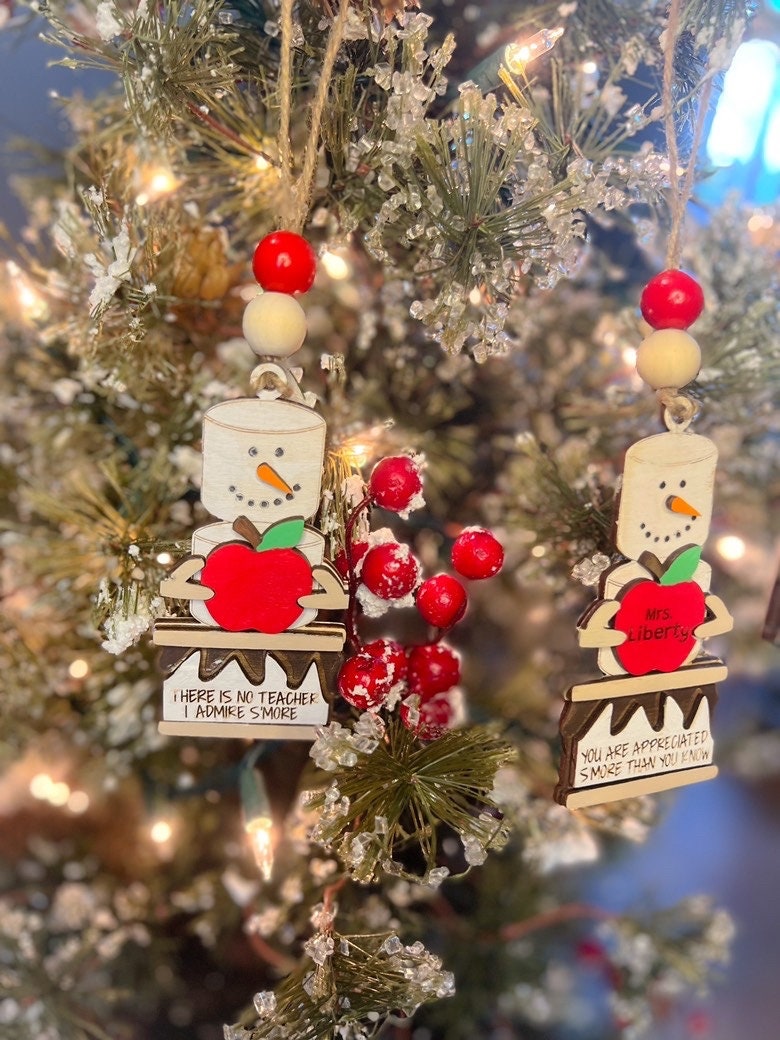 Teacher Ornament - Smores Ornament - Wooden Hanging Christmas Tree Ornament - Marshmallow Ornament - Teacher Gift - Snowman Ornament