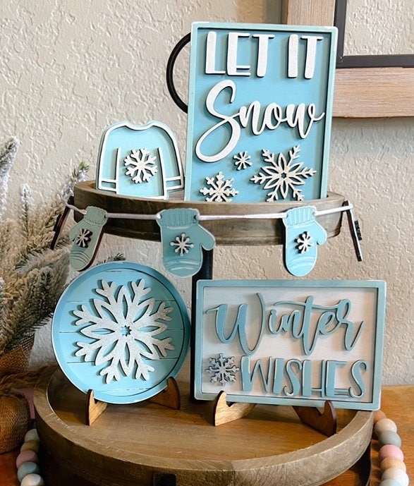 Winter Tiered Tray - Winter Wishes - Christmas Tiered Tray Bundle - - Finished Tiered Tray Set - Home Decor - Light Blue