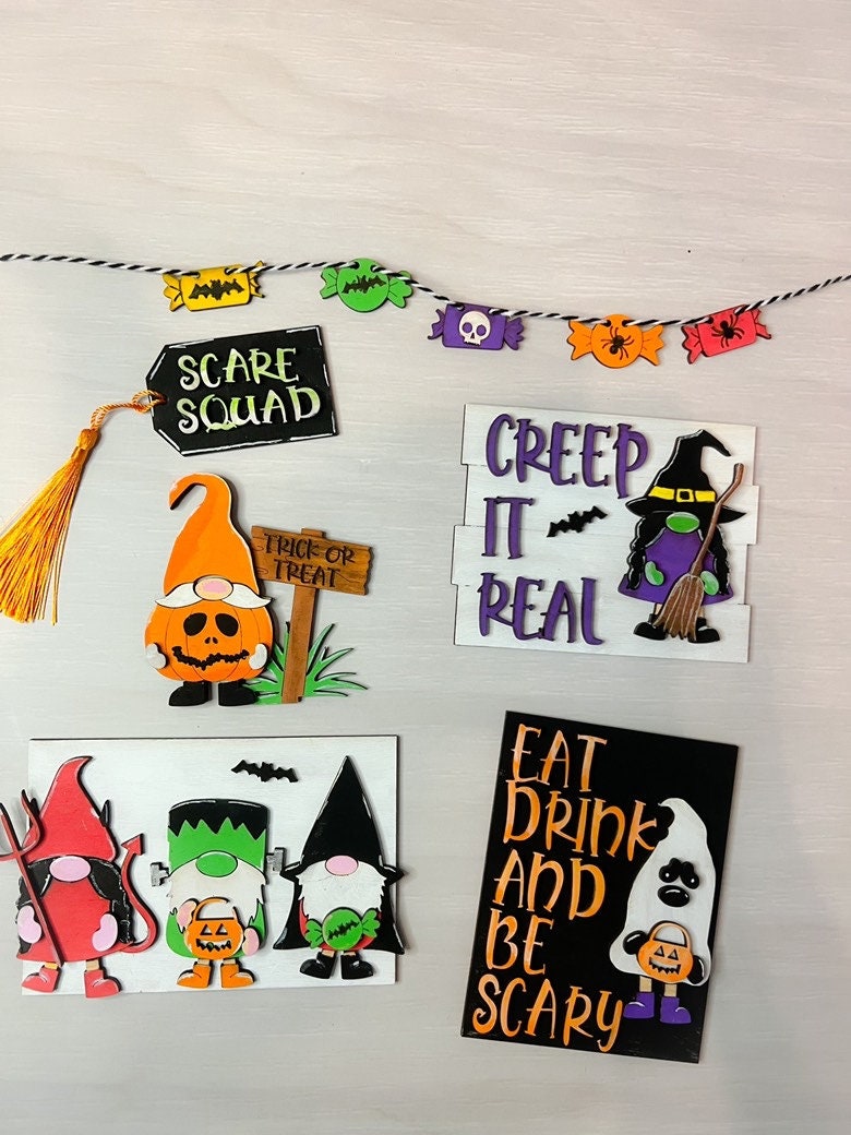 Gnome Halloween Tier Tray - Halloween Tiered Tray Signs -Halloween Tiered Tray Decor - Halloween Decor - Finished Tiered Tray Decor