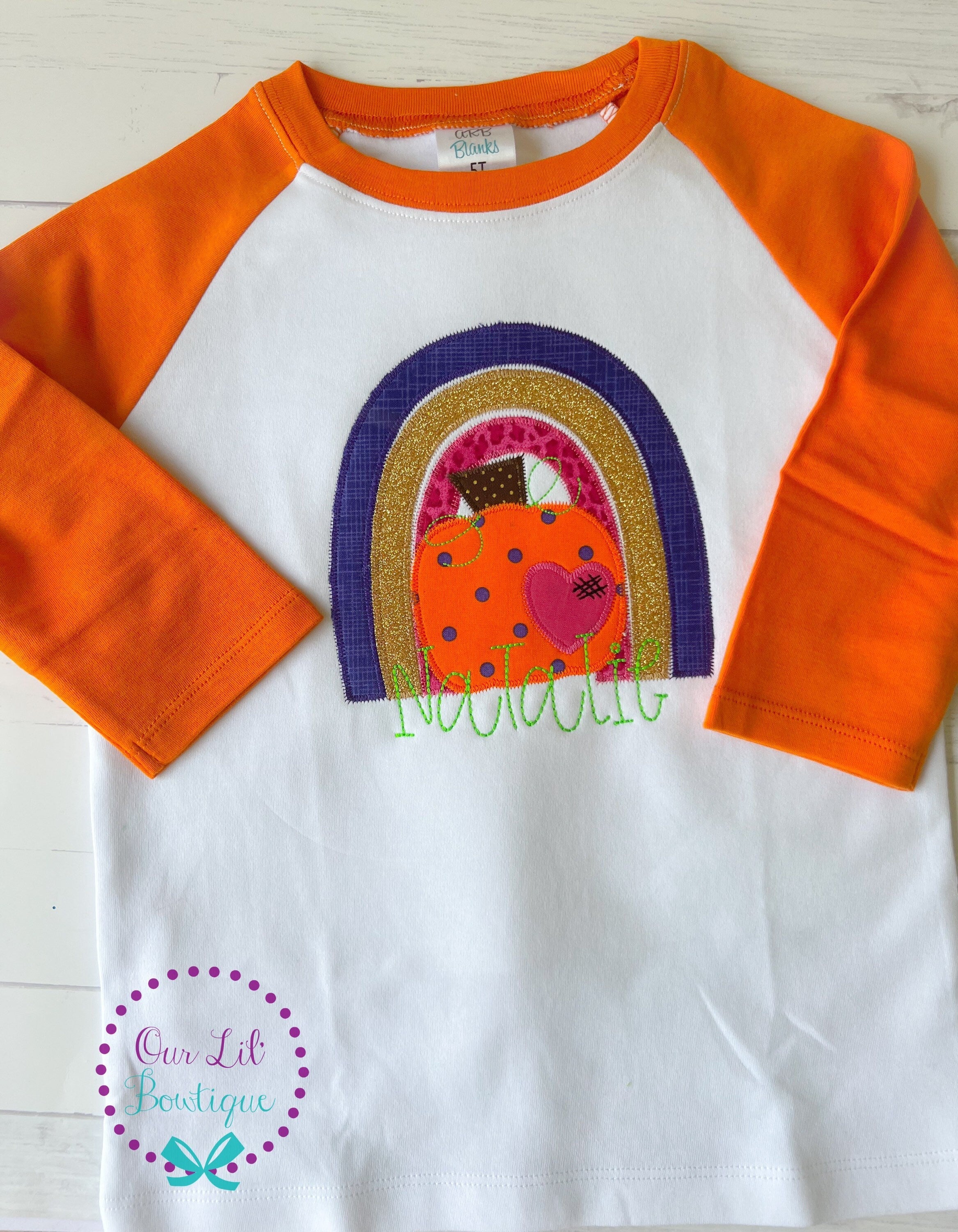 Girls Halloween Shirt: Pumpkin Rainbow Applique, Personalized