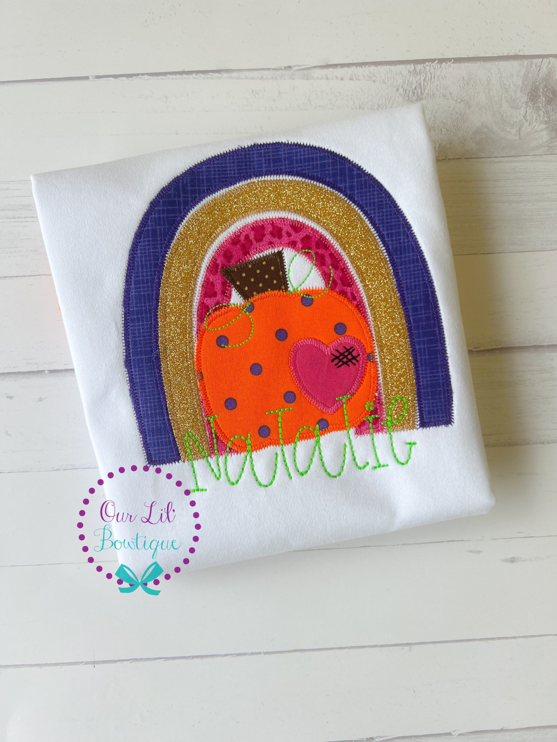 Girls Halloween Shirt: Pumpkin Rainbow Applique, Personalized
