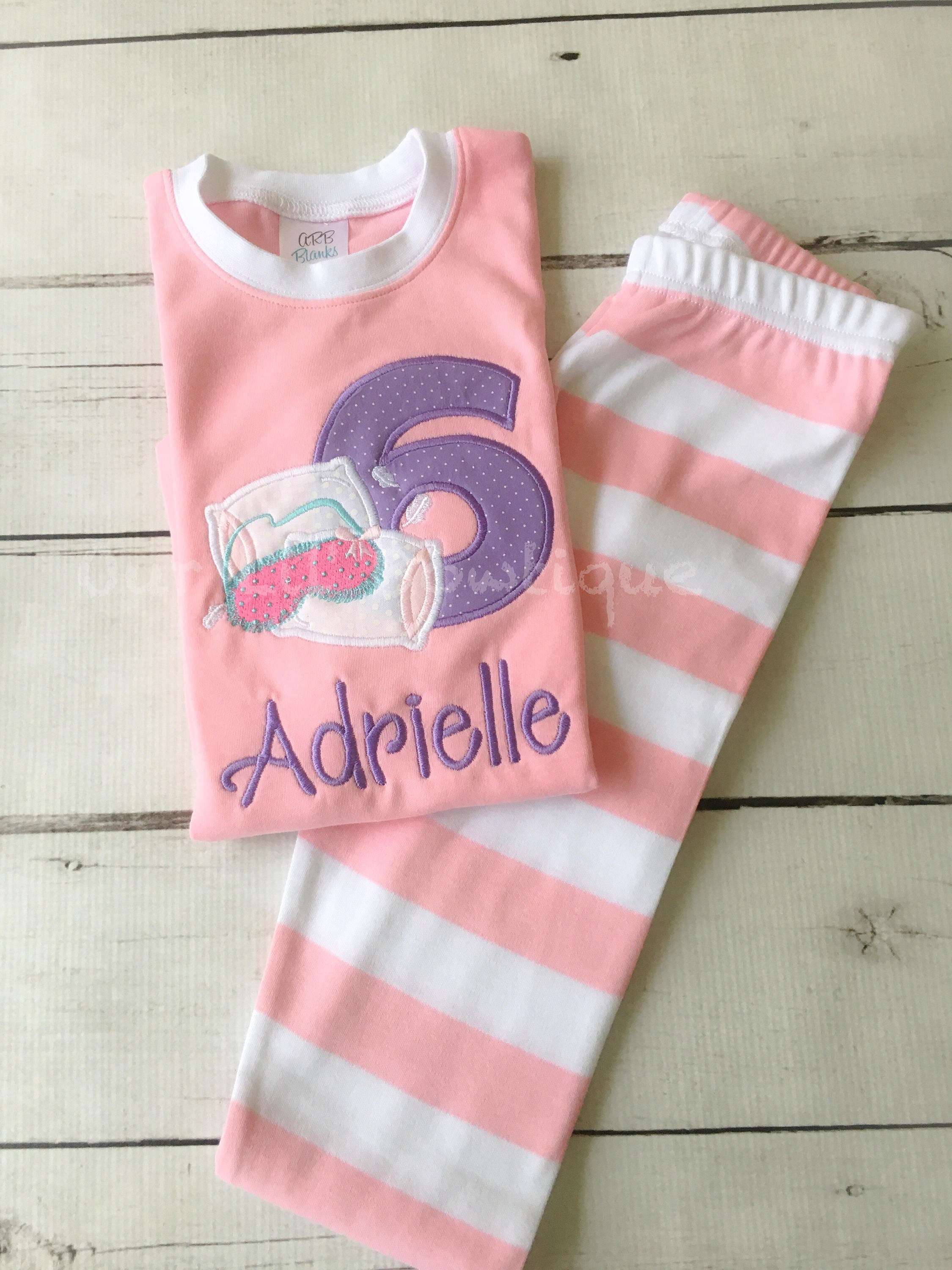 Personalized Sleepover Birthday Outfit: Appliqued Shirt & Striped Pants