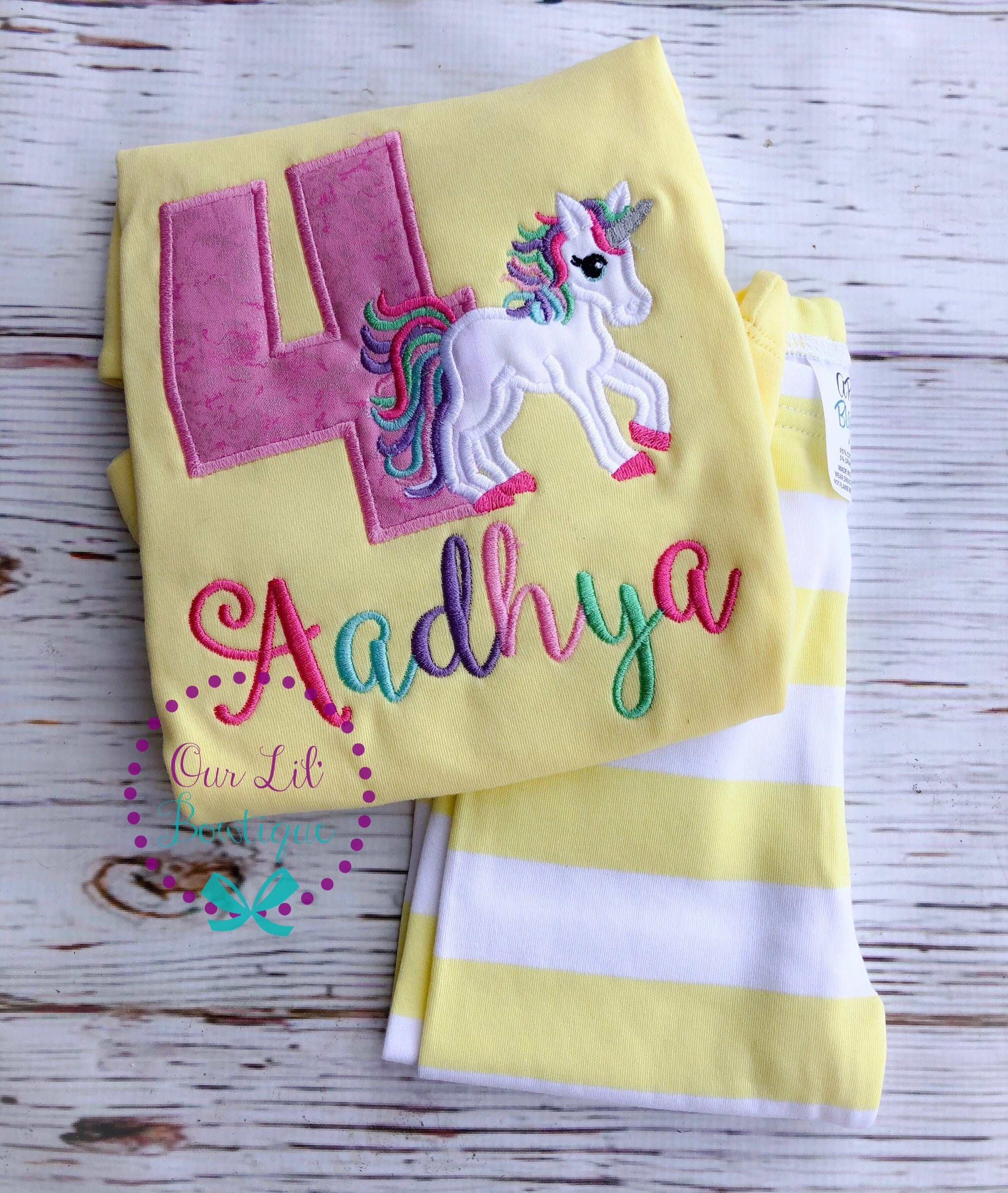 Unicorn Birthday Outfit: Personalized Applique Shirt & Striped Bottoms