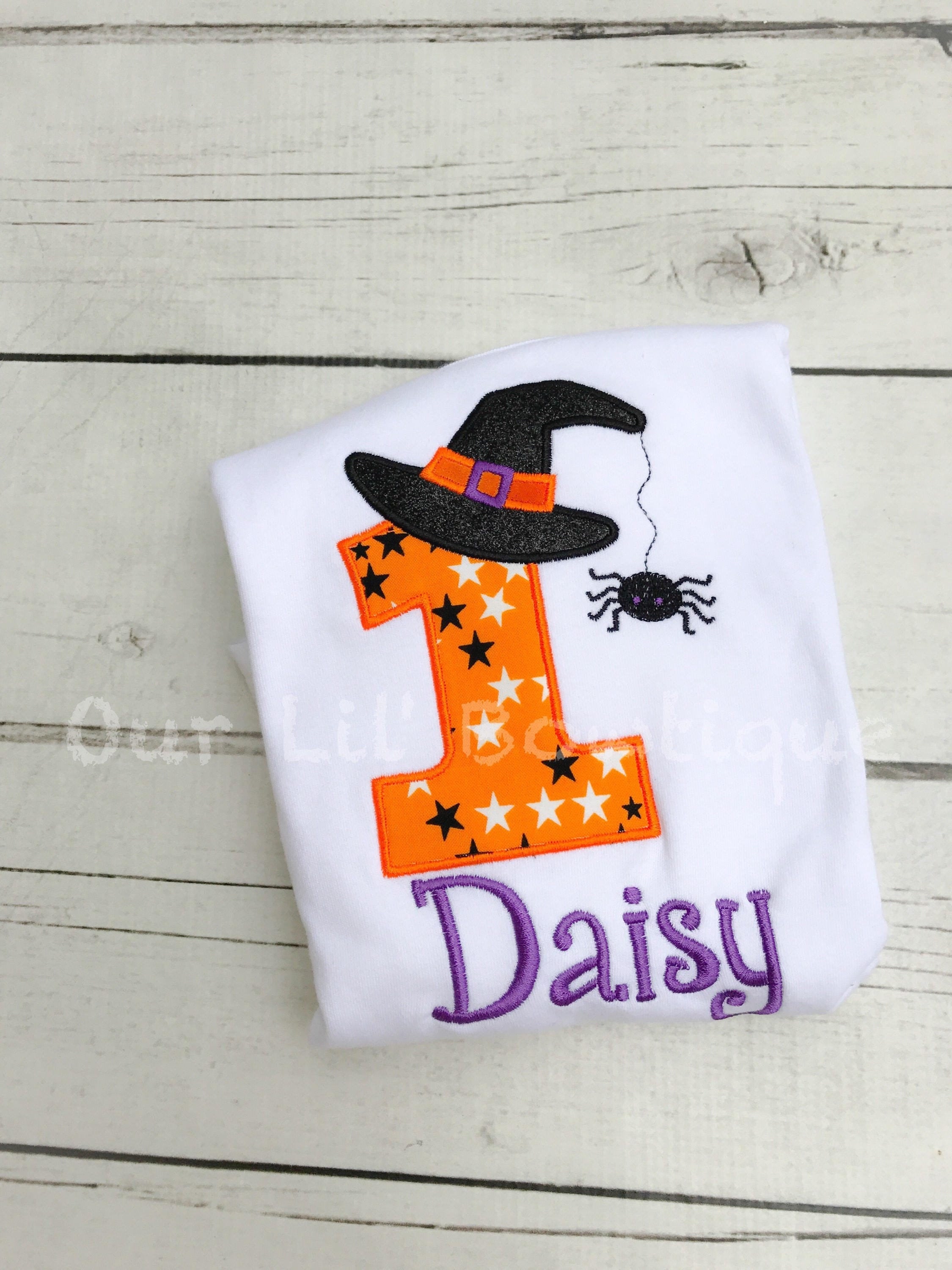 Personalized 1st Birthday Halloween Shirt: Witch Hat, Spider Appliqué