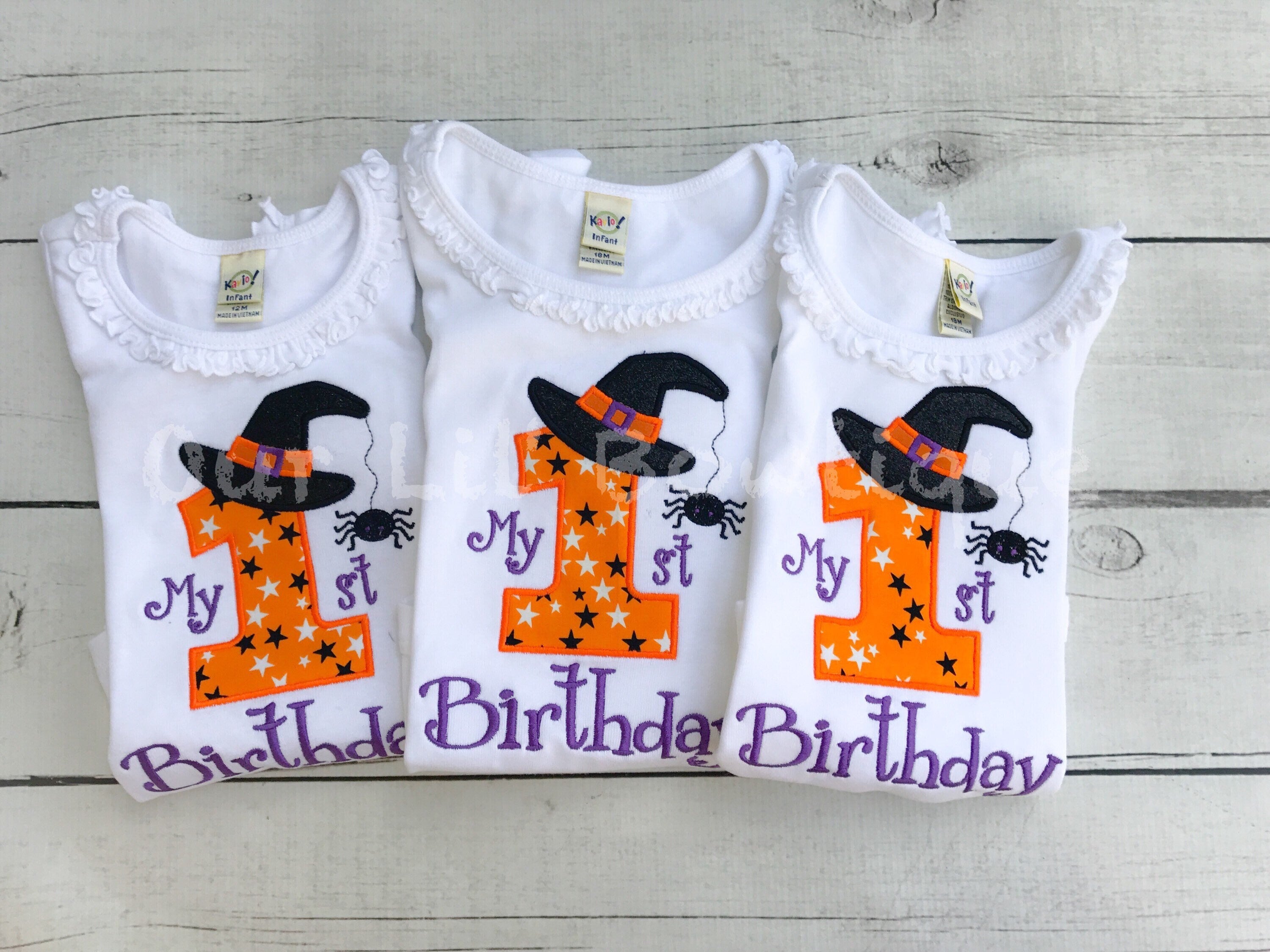 Personalized 1st Birthday Halloween Shirt: Witch Hat, Spider Appliqué