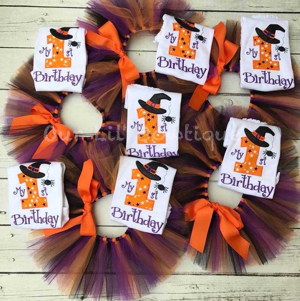 Personalized 1st Birthday Halloween Shirt: Witch Hat, Spider Appliqué