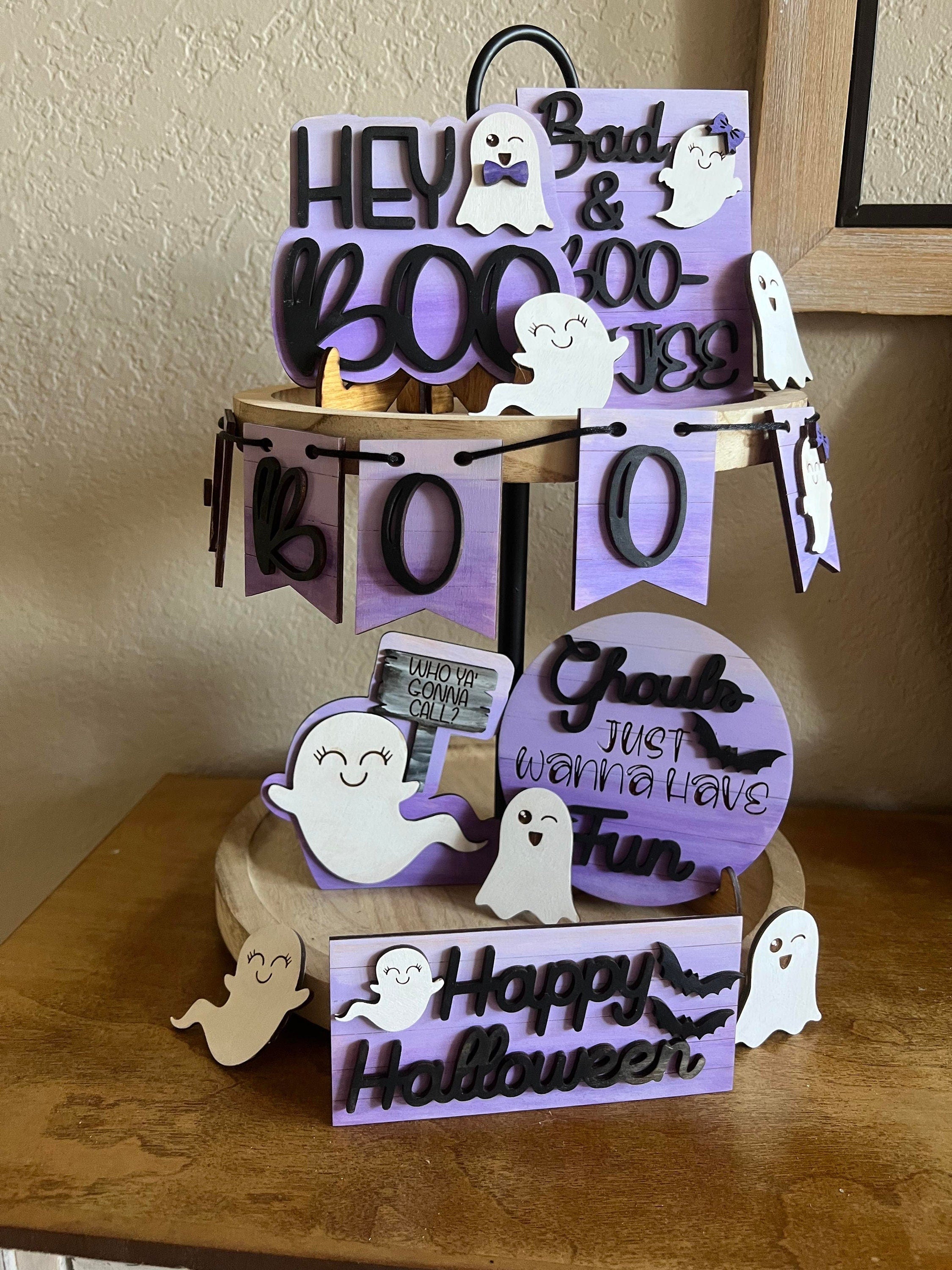Halloween Tiered Tray Signs - Purple - Halloween Tiered Tray Decor - Halloween Decor - Finished Tiered Tray Decor - 3D Signs - Ghost