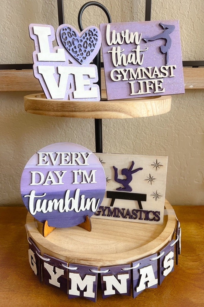 Gymnastics Tiered Tray Decor - Gymnast - Livin That Gymnast Life - Sports Themed Tiered Tray - Finished Tiered Tray Set - Gymnast Gift