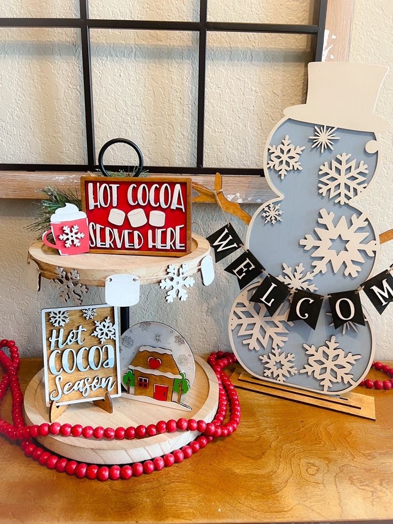 Hot Cocoa Tier Tray - Winter Tiered Tray - Hot Cocoa Signs - Christmas Tiered Tray Bundle - Finished Tiered Tray Set - Home Decor