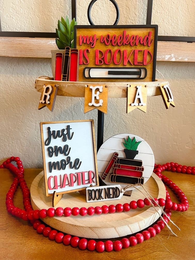 Book Lover - Tiered Tray Set - Library Decor - Book Tiered Tray - Reading Lover - Finished Tiered Tray Set - Teacher Signs - Book Lover Sign