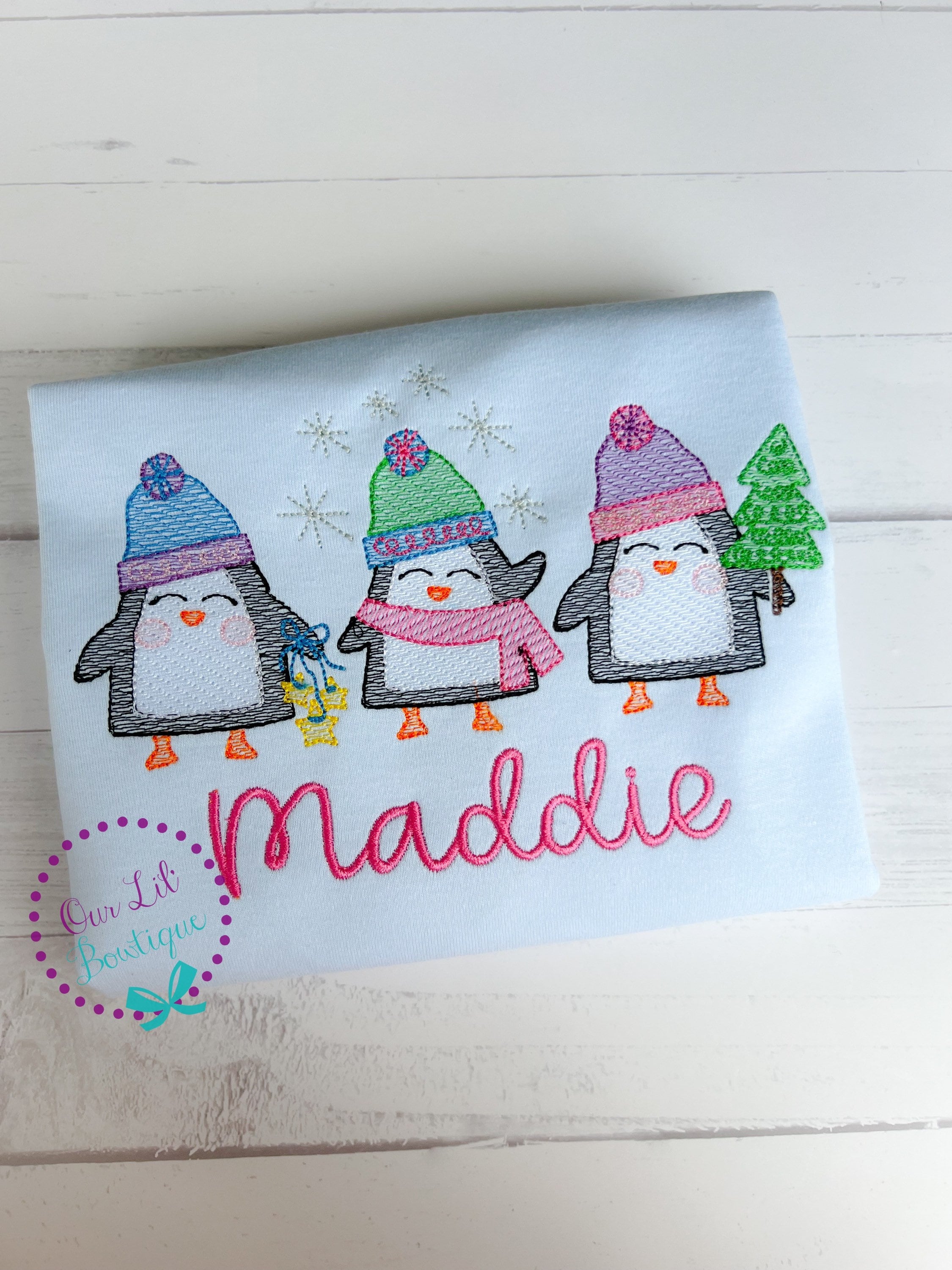 Girls Winter Shirt: Embroidered Penguin Design