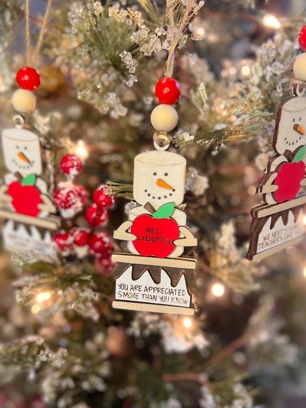 Teacher Ornament - Smores Ornament - Wooden Hanging Christmas Tree Ornament - Marshmallow Ornament - Teacher Gift - Snowman Ornament