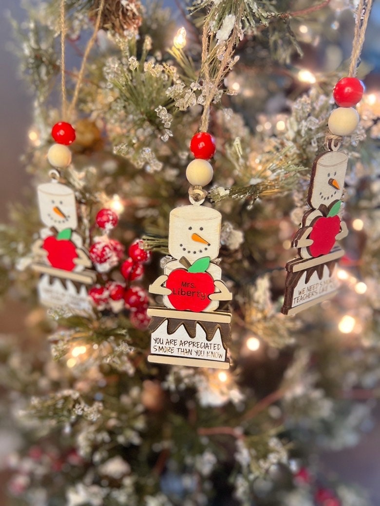 Teacher Ornament - Smores Ornament - Wooden Hanging Christmas Tree Ornament - Marshmallow Ornament - Teacher Gift - Snowman Ornament