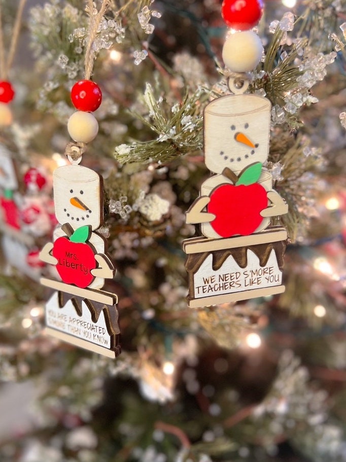Teacher Ornament - Smores Ornament - Wooden Hanging Christmas Tree Ornament - Marshmallow Ornament - Teacher Gift - Snowman Ornament