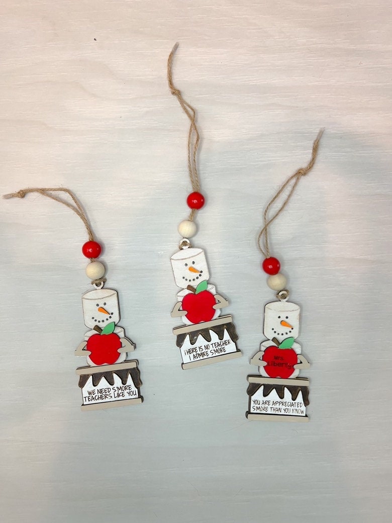 Teacher Ornament - Smores Ornament - Wooden Hanging Christmas Tree Ornament - Marshmallow Ornament - Teacher Gift - Snowman Ornament
