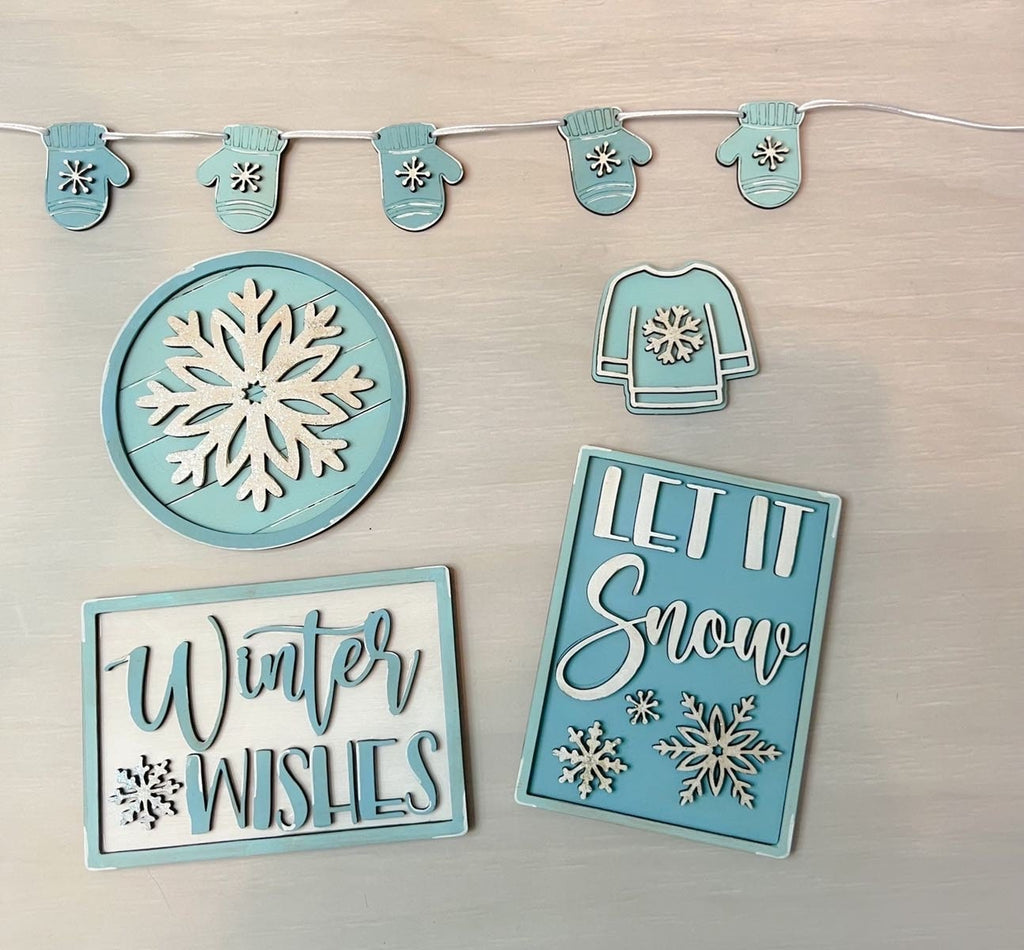 Winter Tiered Tray - Winter Wishes - Christmas Tiered Tray Bundle - - Finished Tiered Tray Set - Home Decor - Light Blue