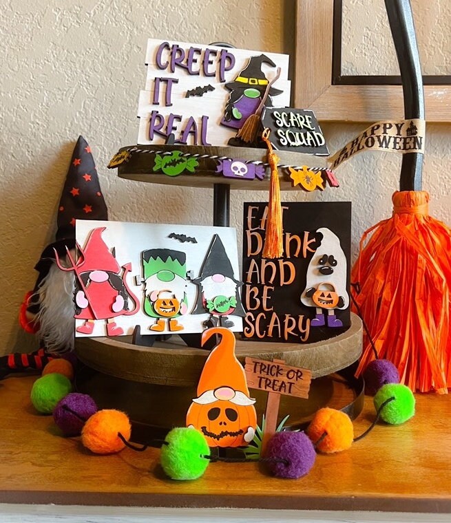 Gnome Halloween Tier Tray - Halloween Tiered Tray Signs -Halloween Tiered Tray Decor - Halloween Decor - Finished Tiered Tray Decor