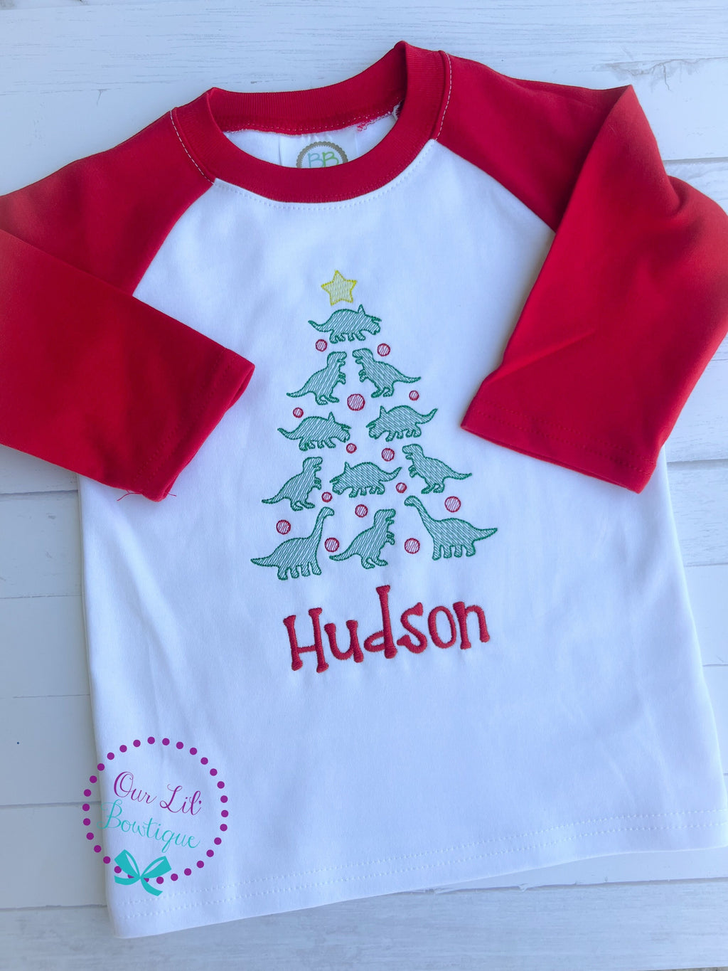 Personalized Christmas Dinosaur Shirt: Embroidered Tree, Boy's Holiday Tee