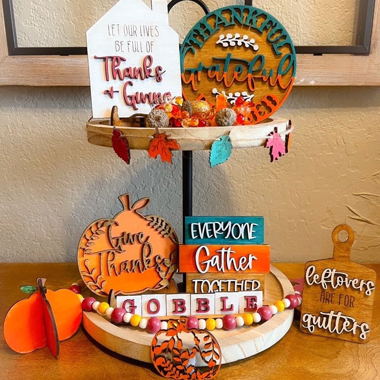 Thanksgiving Tier Tray Decor - Fall Tiered Tray Bundle -Thankful - Grateful - Fall Themed Tiered - Turkey Tier Tray - Fall Farmhouse Decor