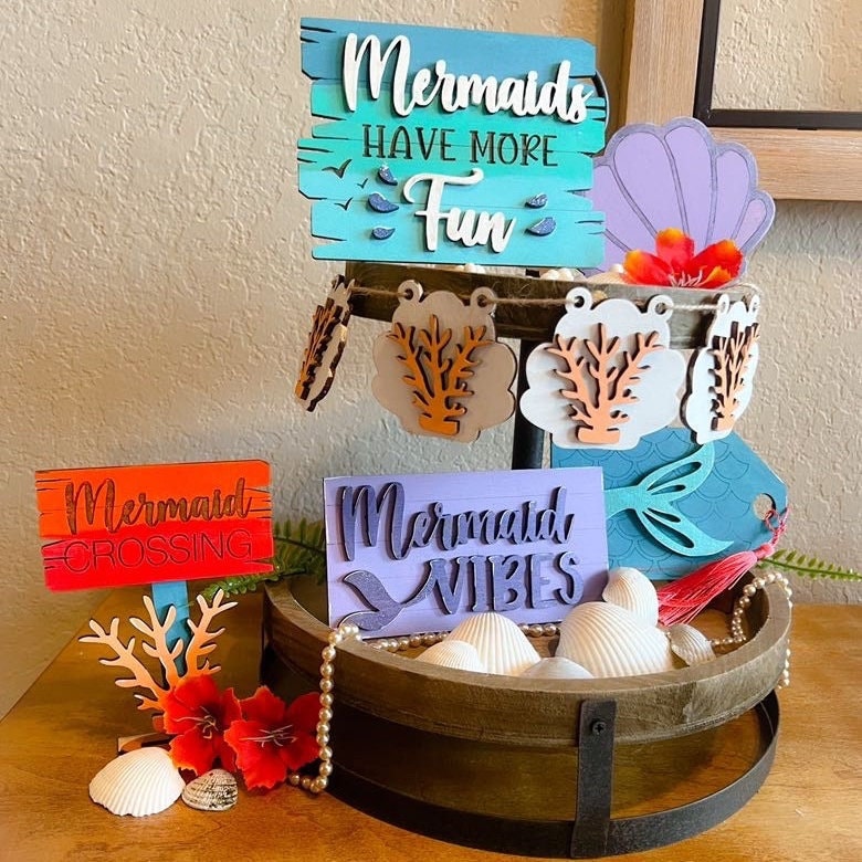 Mermaid Tiered Tray Set - Mermaid Decor - Beach Tiered Tray - Finished Tiered Tray Set - Summer Home Decor - Bathroom Decor - Mermaids