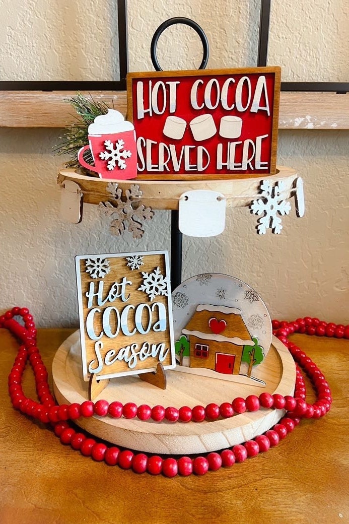 Hot Cocoa Tier Tray - Winter Tiered Tray - Hot Cocoa Signs - Christmas Tiered Tray Bundle - Finished Tiered Tray Set - Home Decor