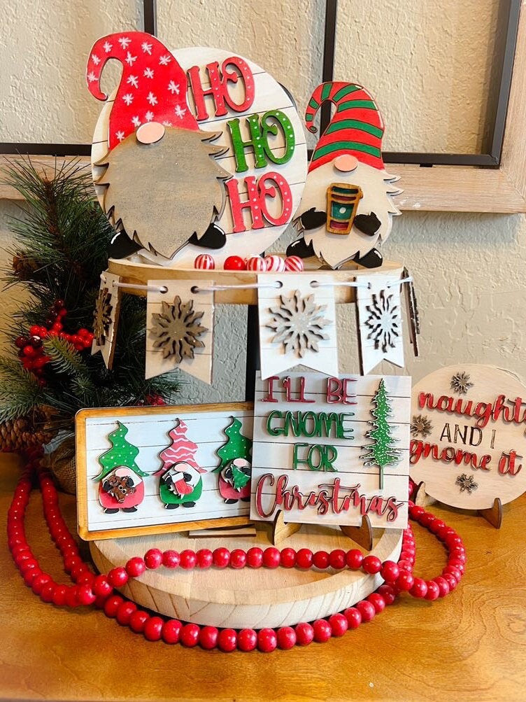 Gnome Christmas Tier Tray - Christmas Tiered Tray Signs - Gnome Decor - Christmas Decor - Finished Tiered Tray Decor- Christmas Gnome