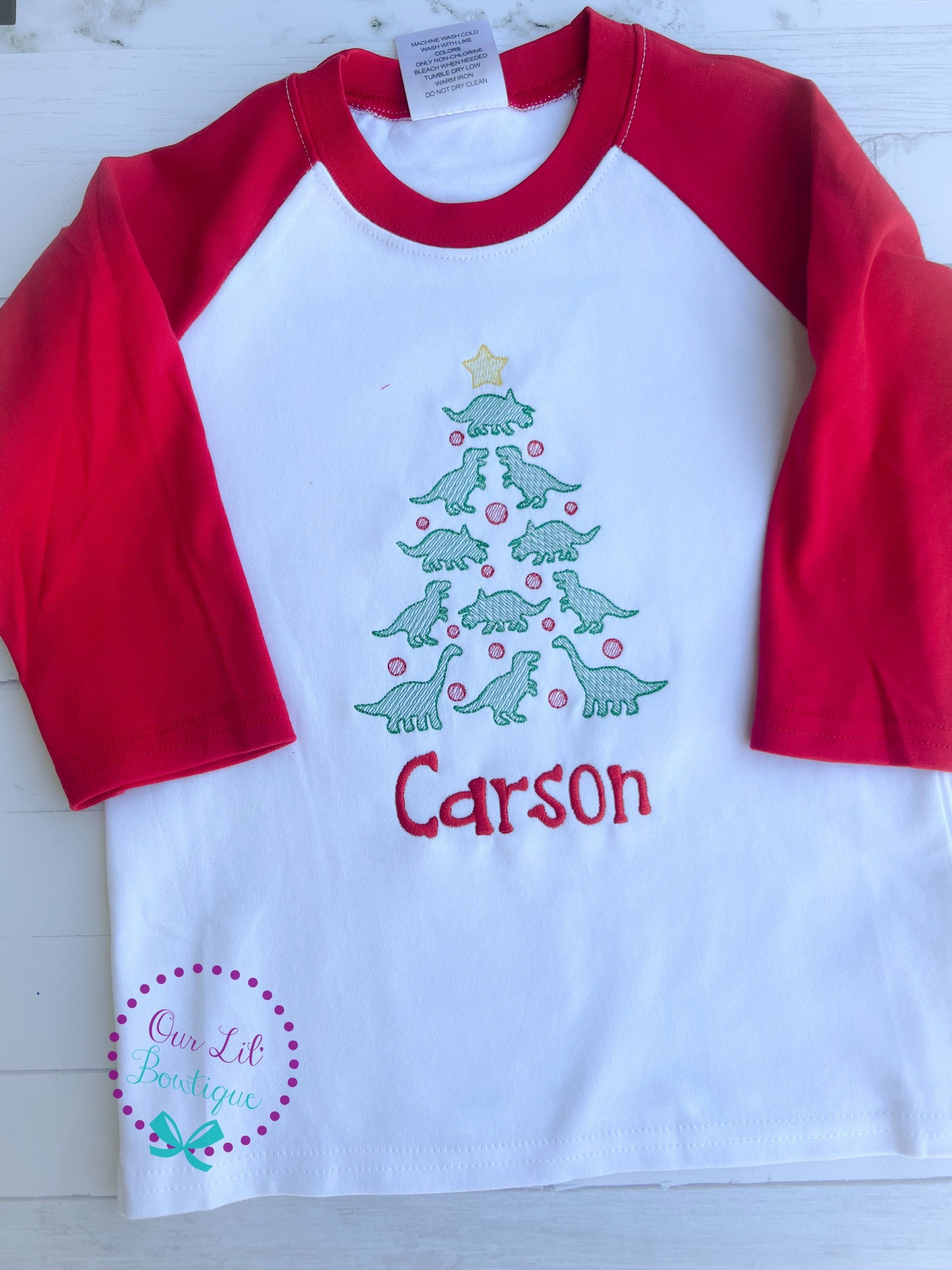 Personalized Christmas Dinosaur Shirt: Embroidered Tree, Boy's Holiday Tee