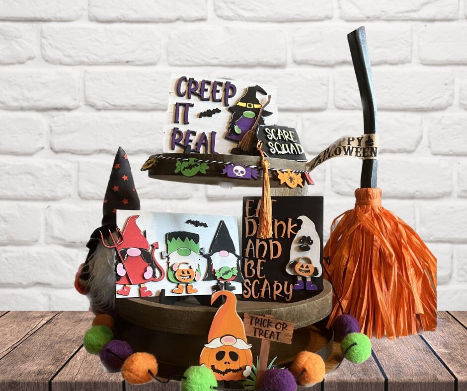 Gnome Halloween Tier Tray - Halloween Tiered Tray Signs -Halloween Tiered Tray Decor - Halloween Decor - Finished Tiered Tray Decor