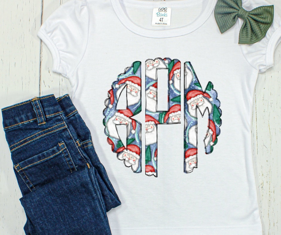 Santa Monogram Girls Christmas Shirt