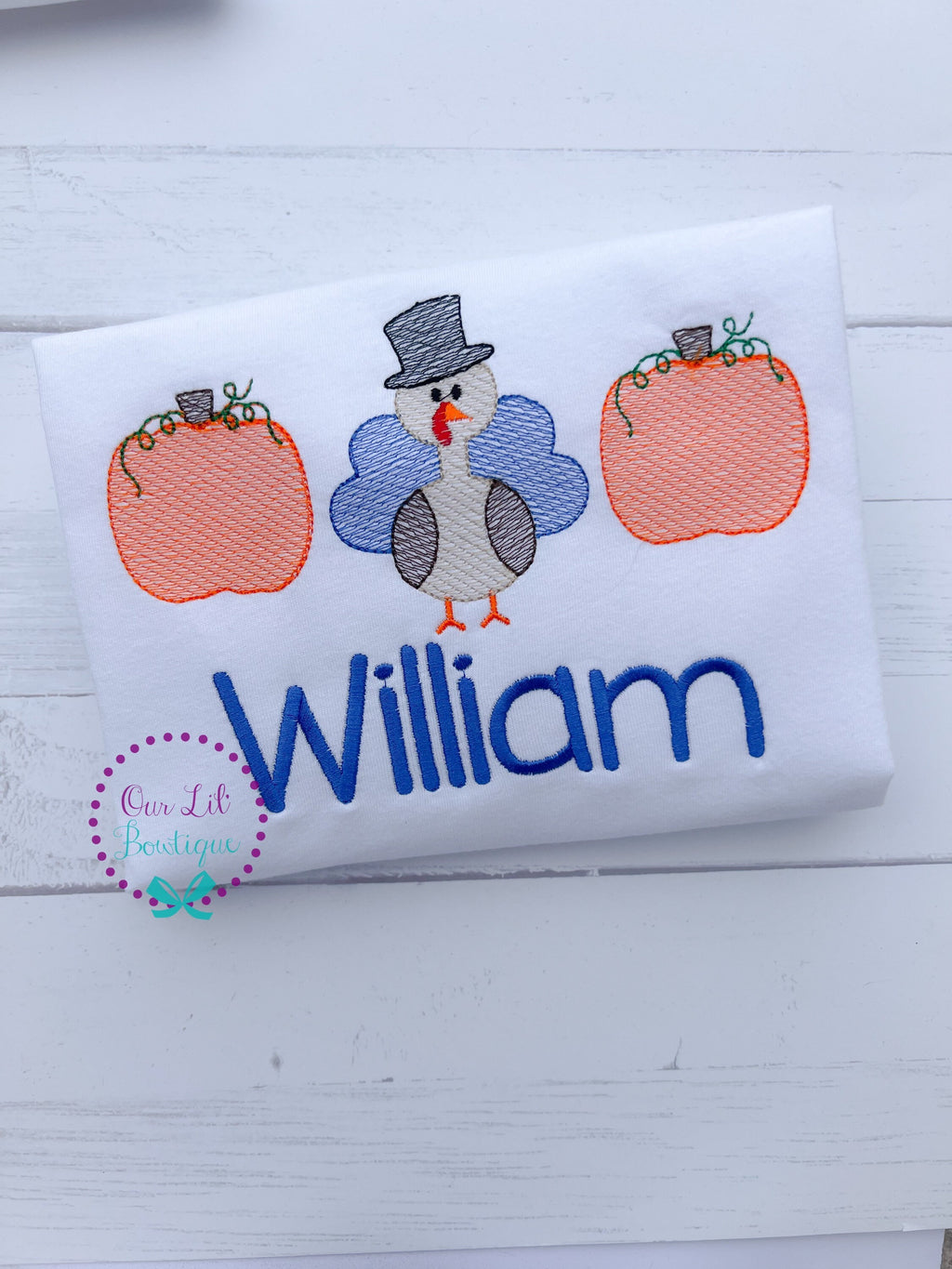 Personalized Kids Thanksgiving Shirt: Embroidered Turkey & Pumpkins