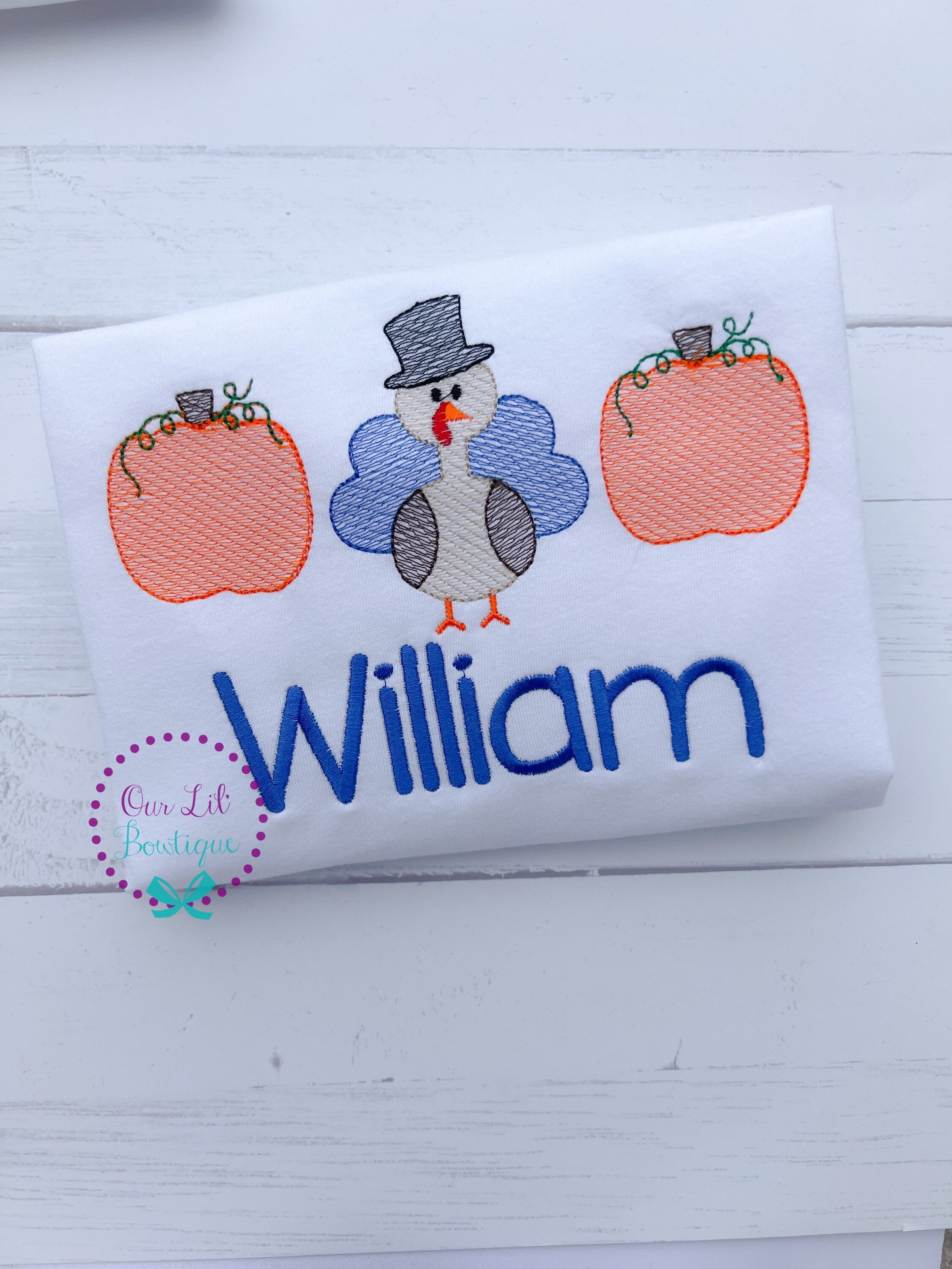 Personalized Kids Thanksgiving Shirt: Embroidered Turkey & Pumpkins