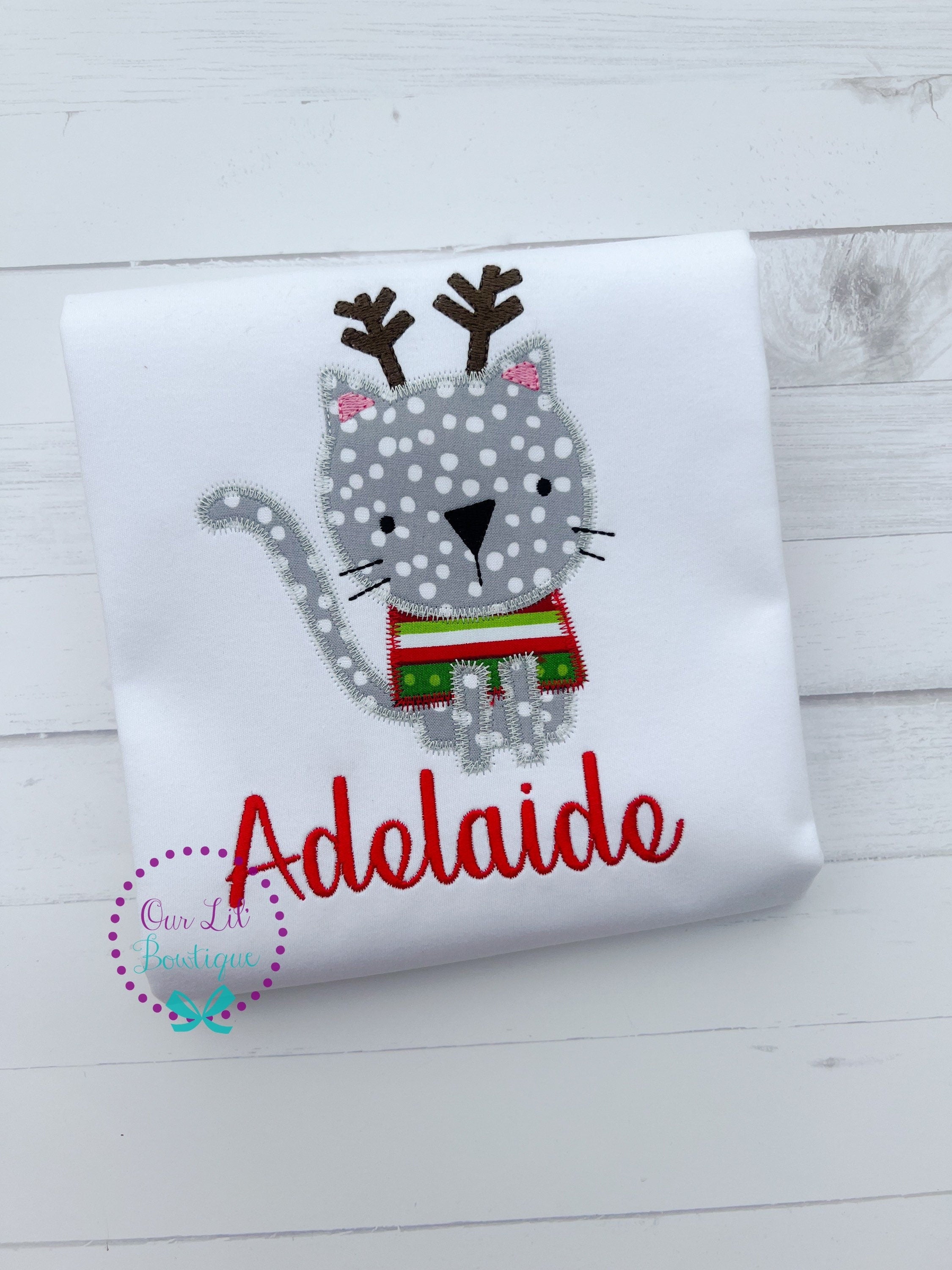 Christmas Cat Reindeer Embroidered Shirt - Personalized Kids Holiday Tee