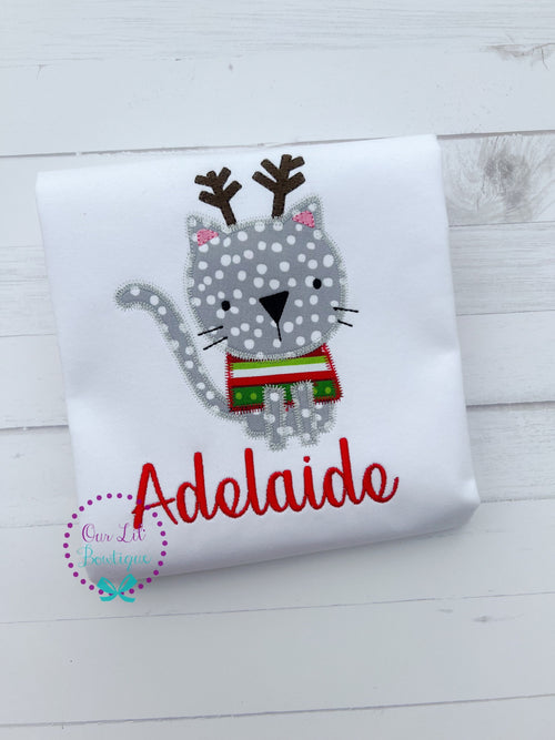 Christmas Cat Reindeer Embroidered Shirt - Personalized Kids Holiday Tee
