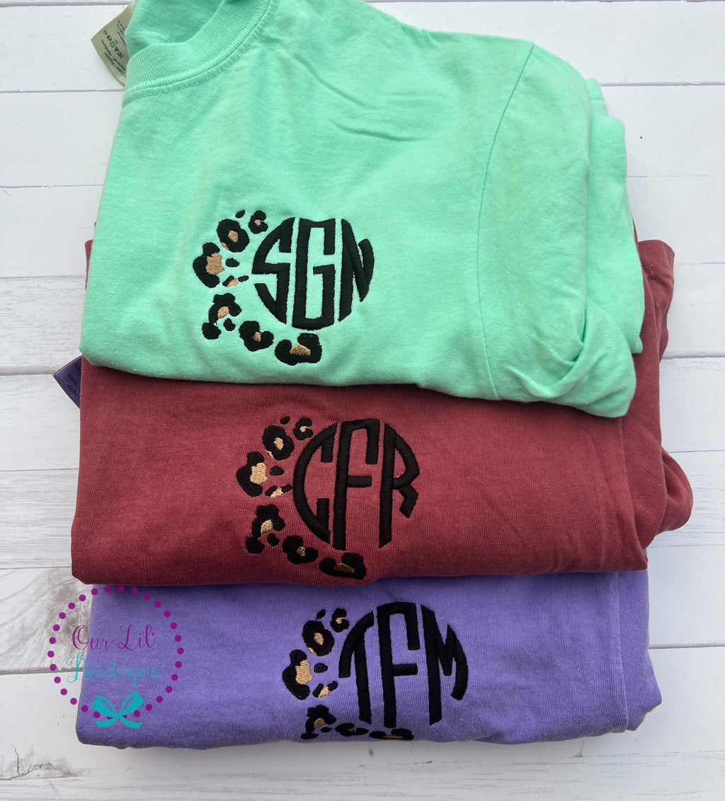 Leopard Monogram Comfort Colors Tee - Personalized Short Sleeve T-Shirt