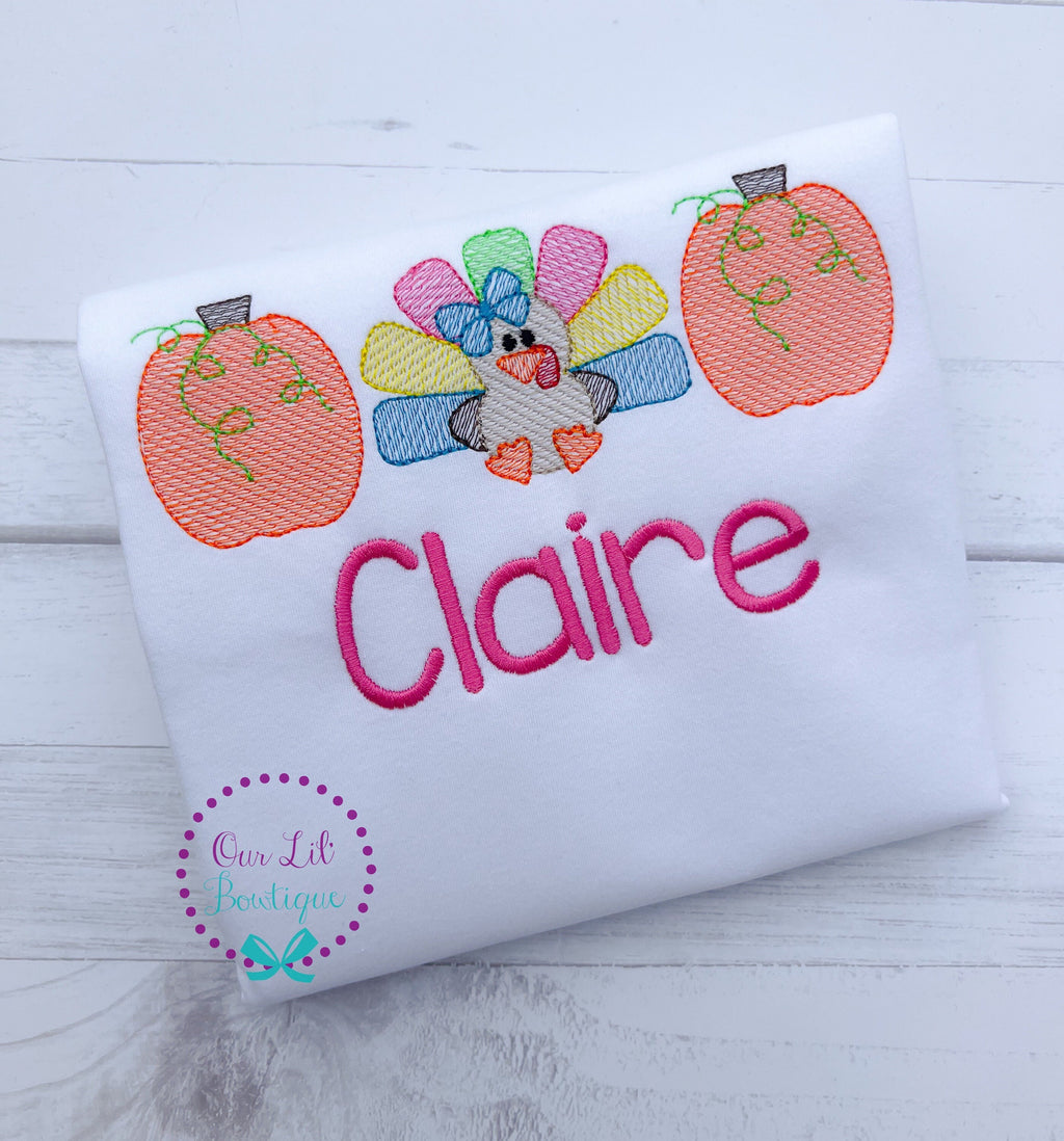 Personalized Kids Thanksgiving Shirt: Embroidered Turkey & Pumpkins