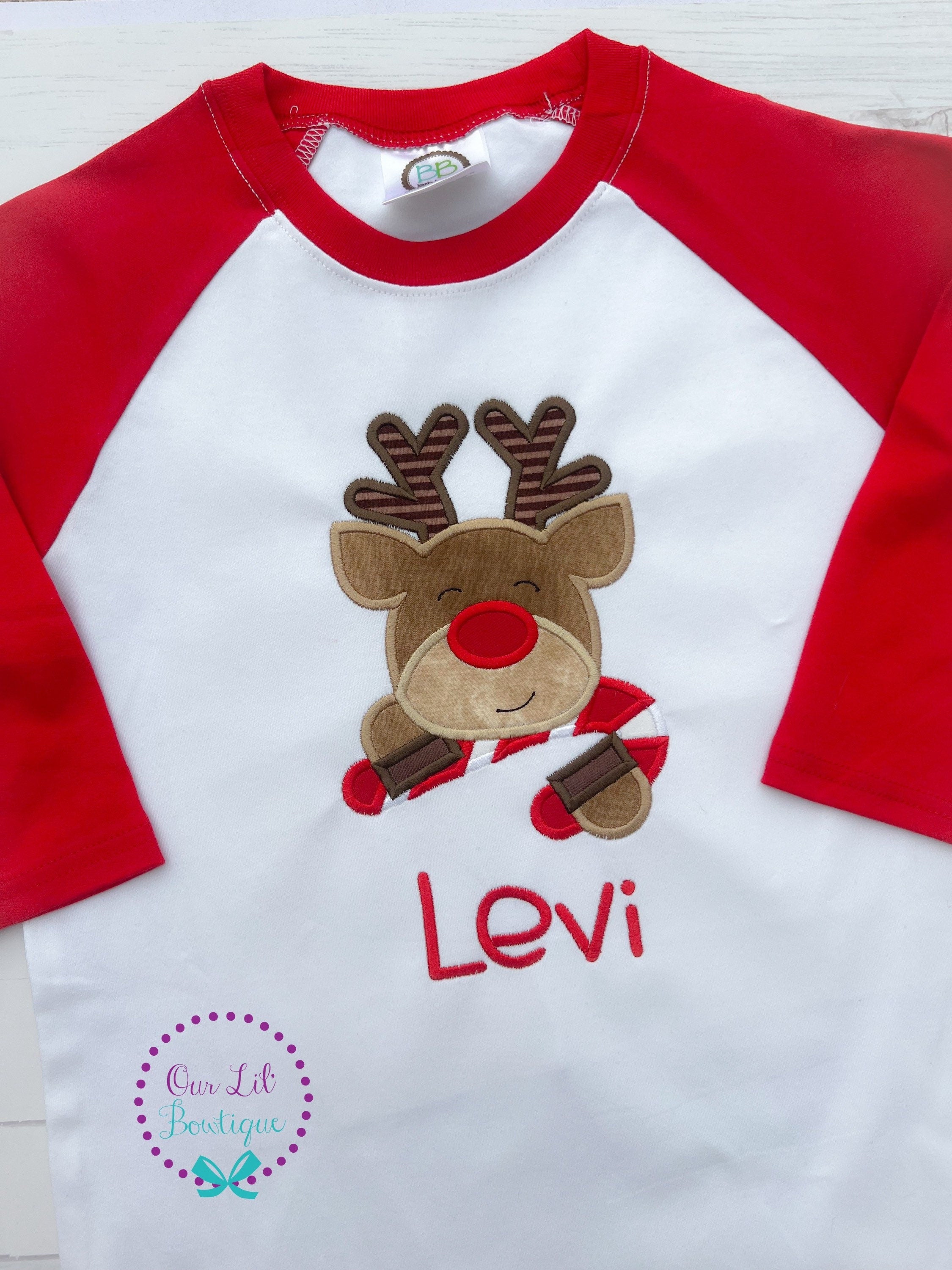 Reindeer Applique Christmas Raglan Shirt - Personalized Kids Holiday Outfit