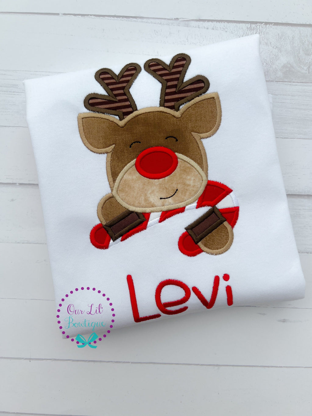 Reindeer Applique Christmas Raglan Shirt - Personalized Kids Holiday Outfit