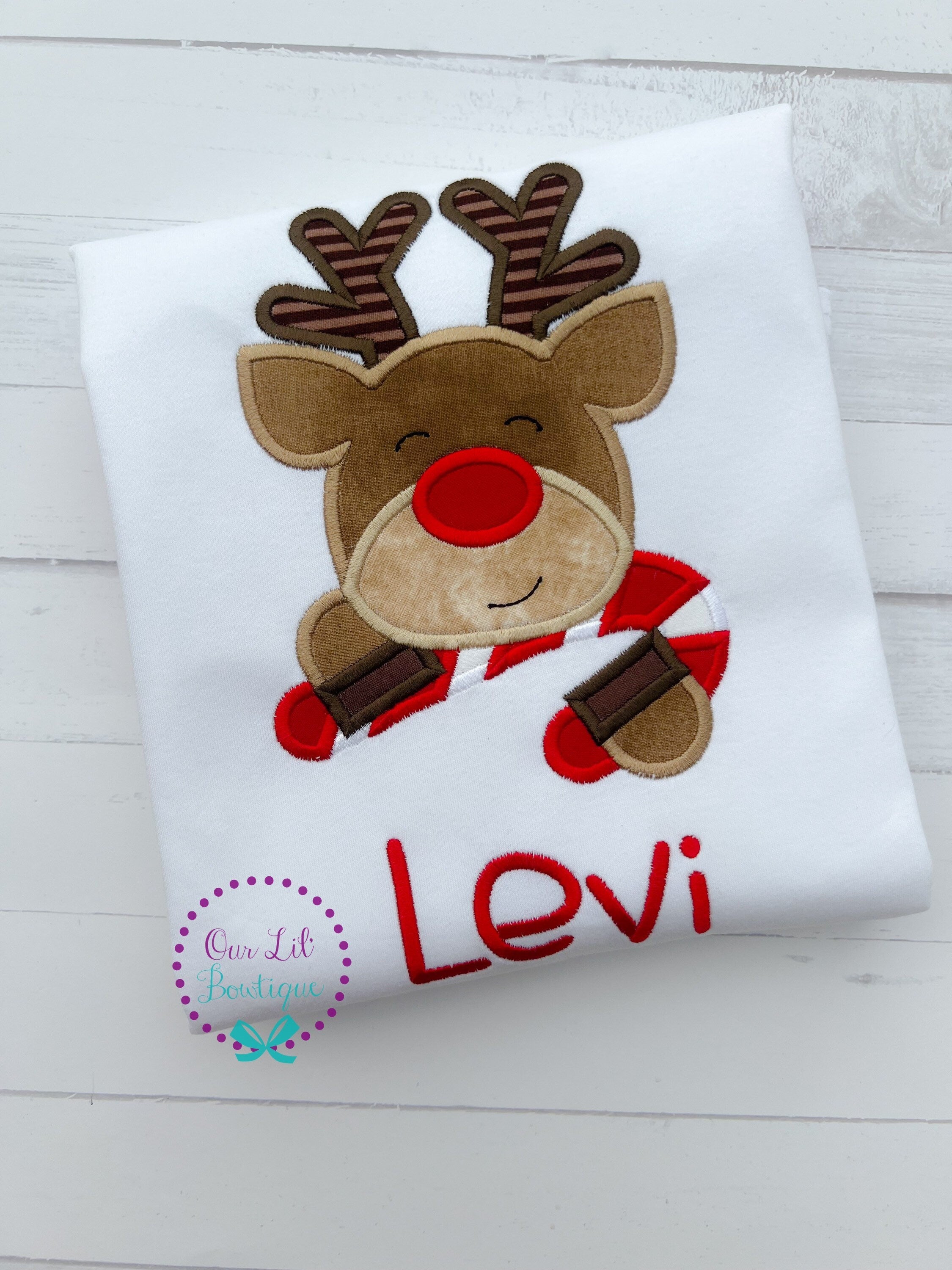 Reindeer Applique Christmas Raglan Shirt - Personalized Kids Holiday Outfit