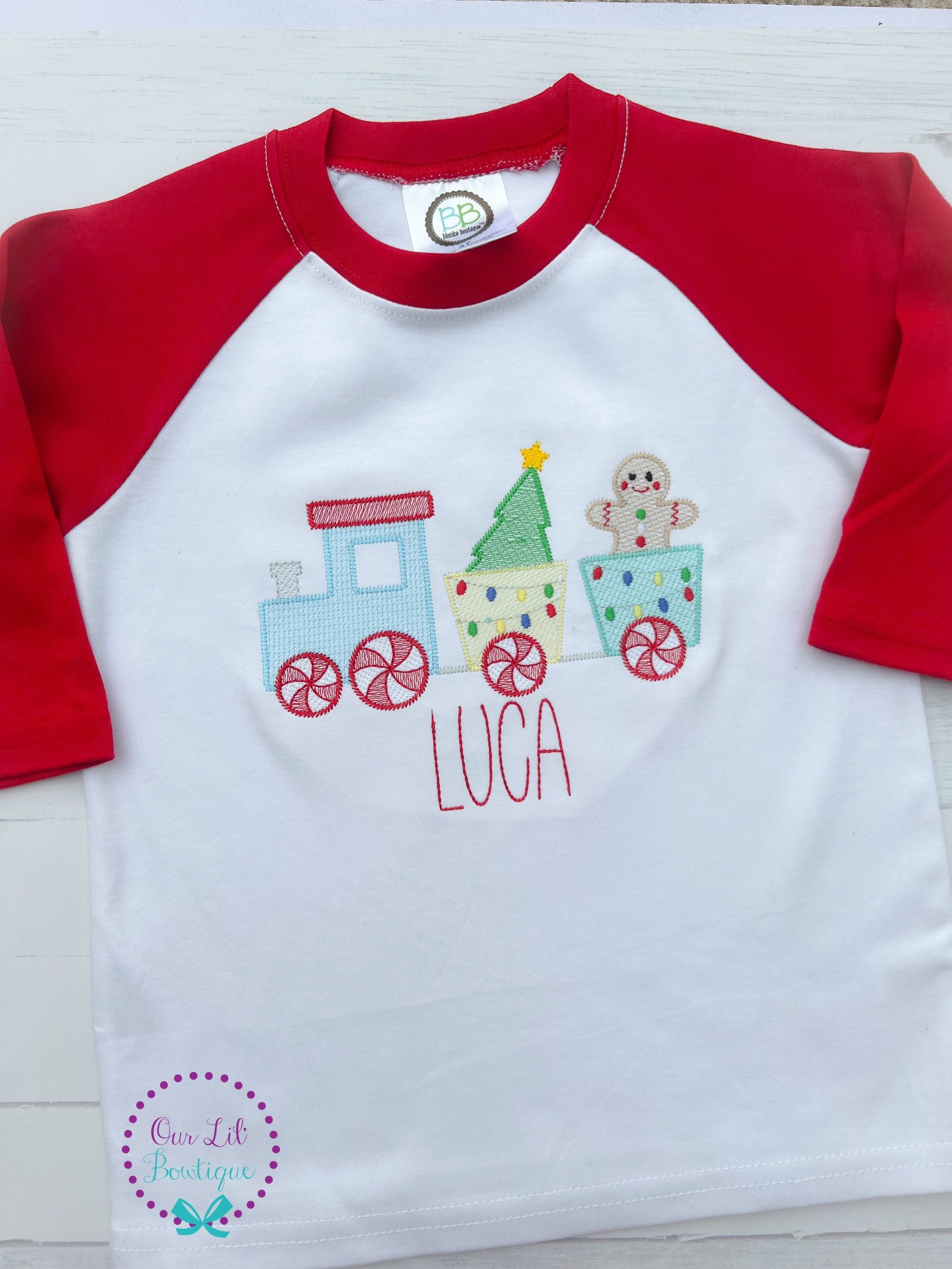 Gingerbread Train Christmas Shirt: Embroidered Holiday Raglan